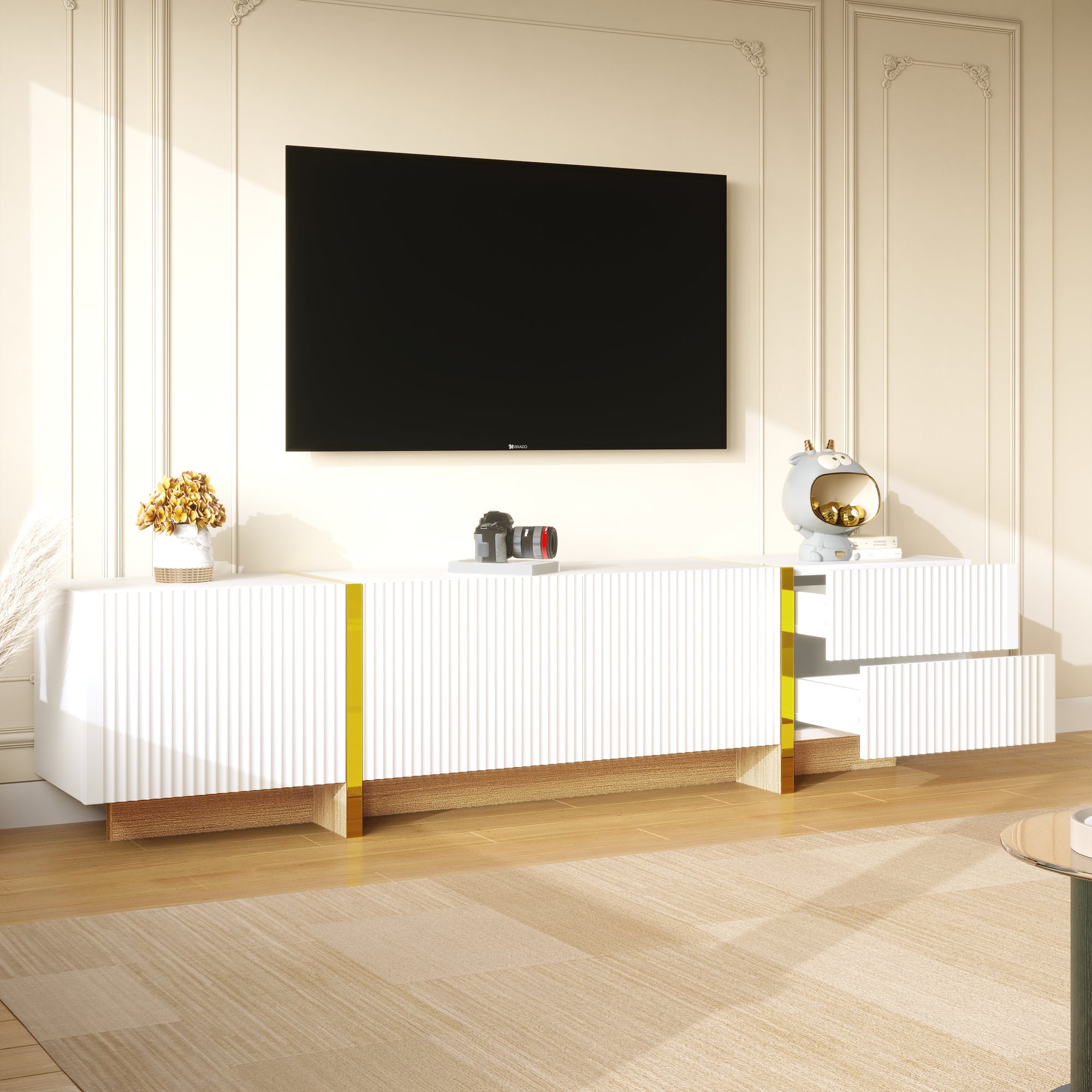 TV Cabinet 190 cm 3 Doors 2 Drawers, White Gold Wood Grain
