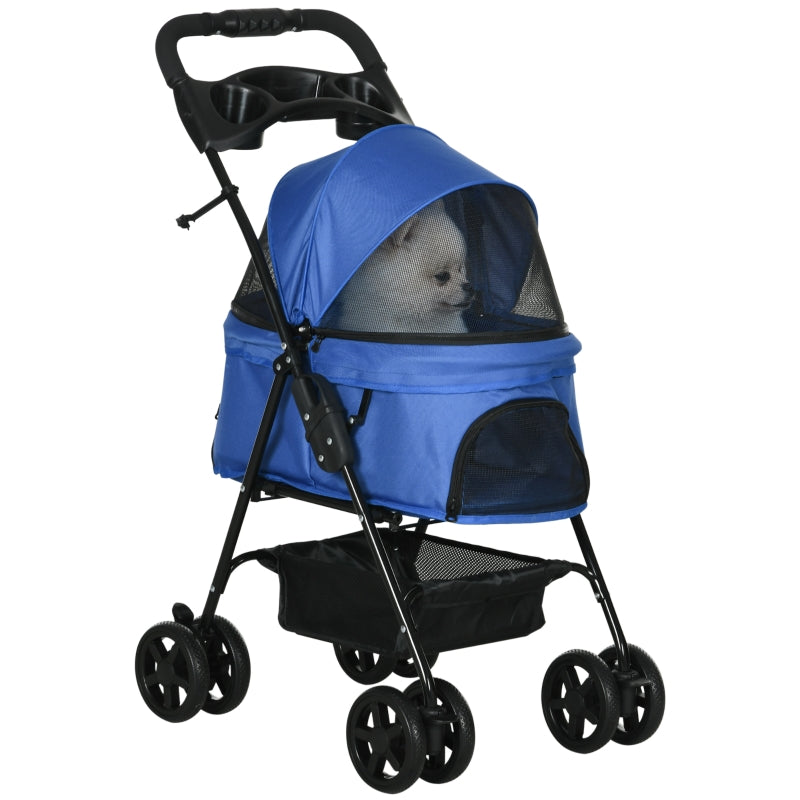 Pet Stroller Dog Cat Travel Pushchair with EVA Wheels, One-Click Fold, Blue