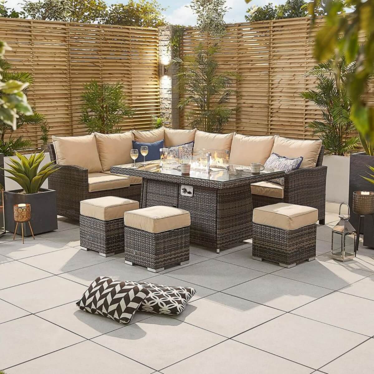 8-Seater Outdoor Corner Sofa Set with Rectangular Fire Pit Table and 3 Footstools – PAF-16591