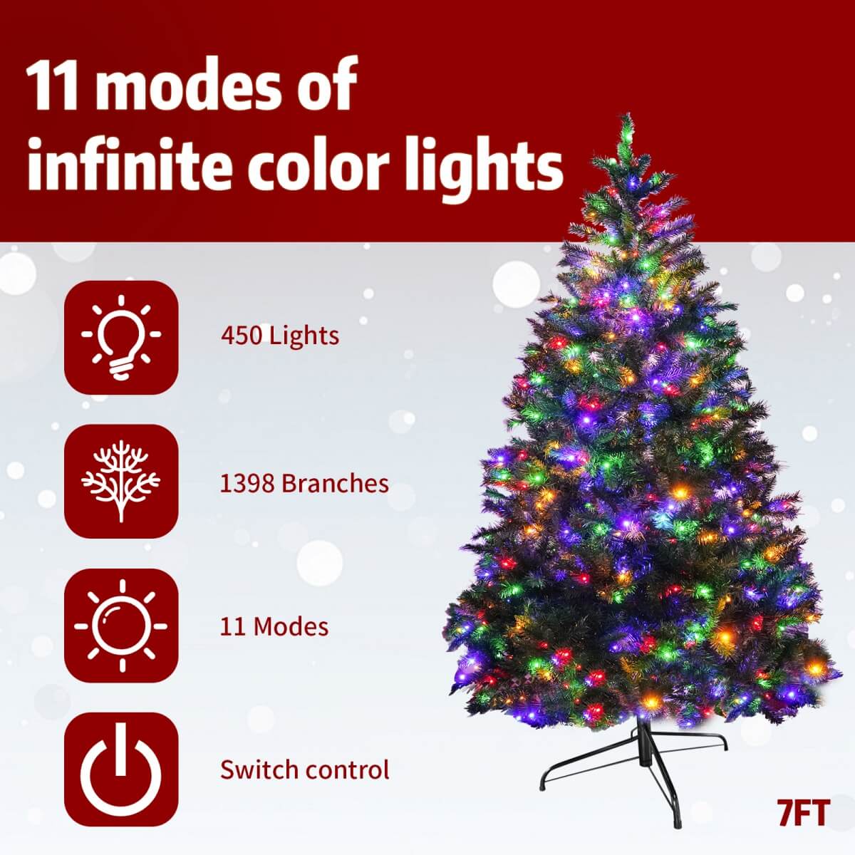 Artificial Christmas Tree with Colour LED Lights – Realistic PVC Xmas Tree, Pre-Lit, 6ft & 7ft, Metal Stand