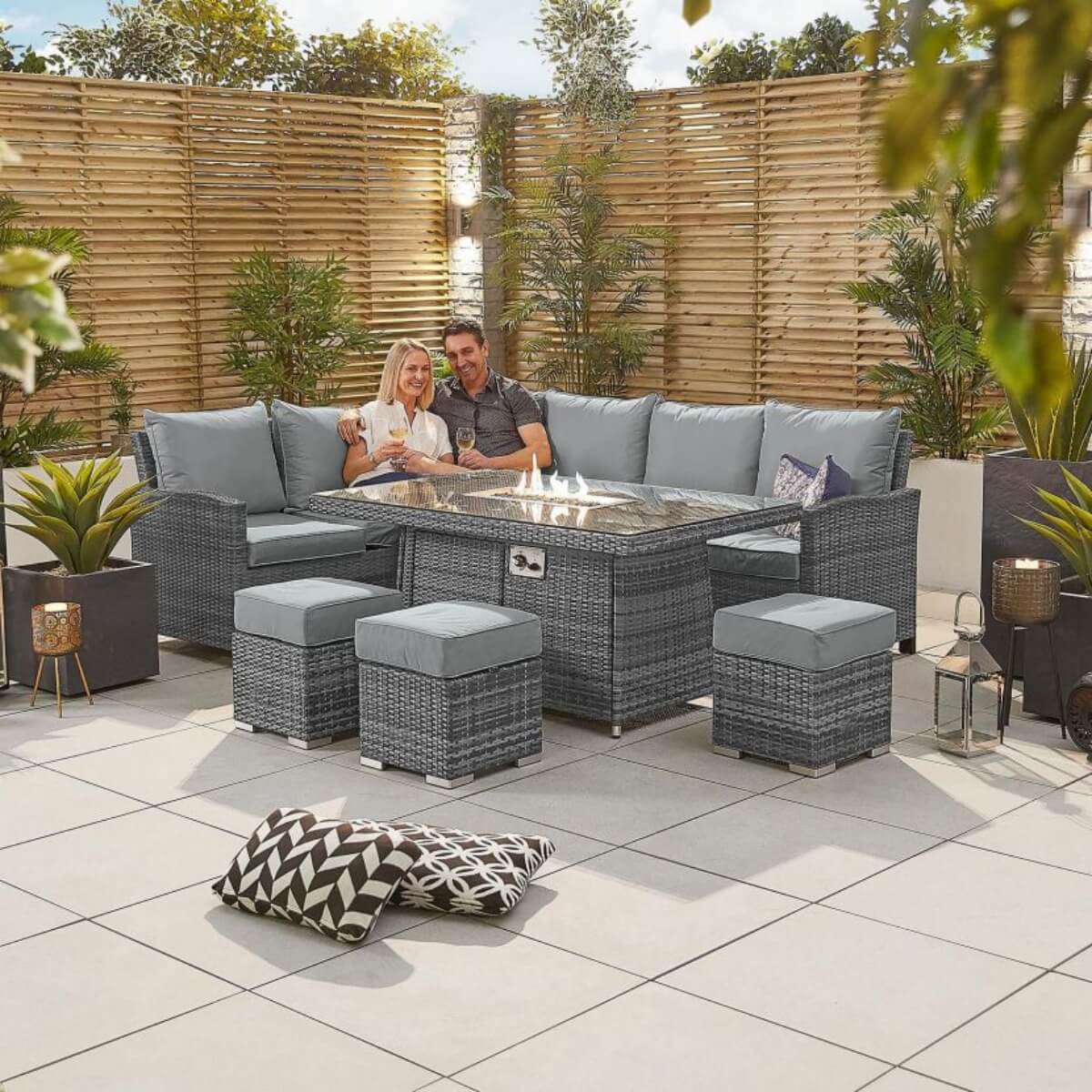 8-Seater Outdoor Corner Sofa Set with Rectangular Fire Pit Table and 3 Footstools – PAF-16591