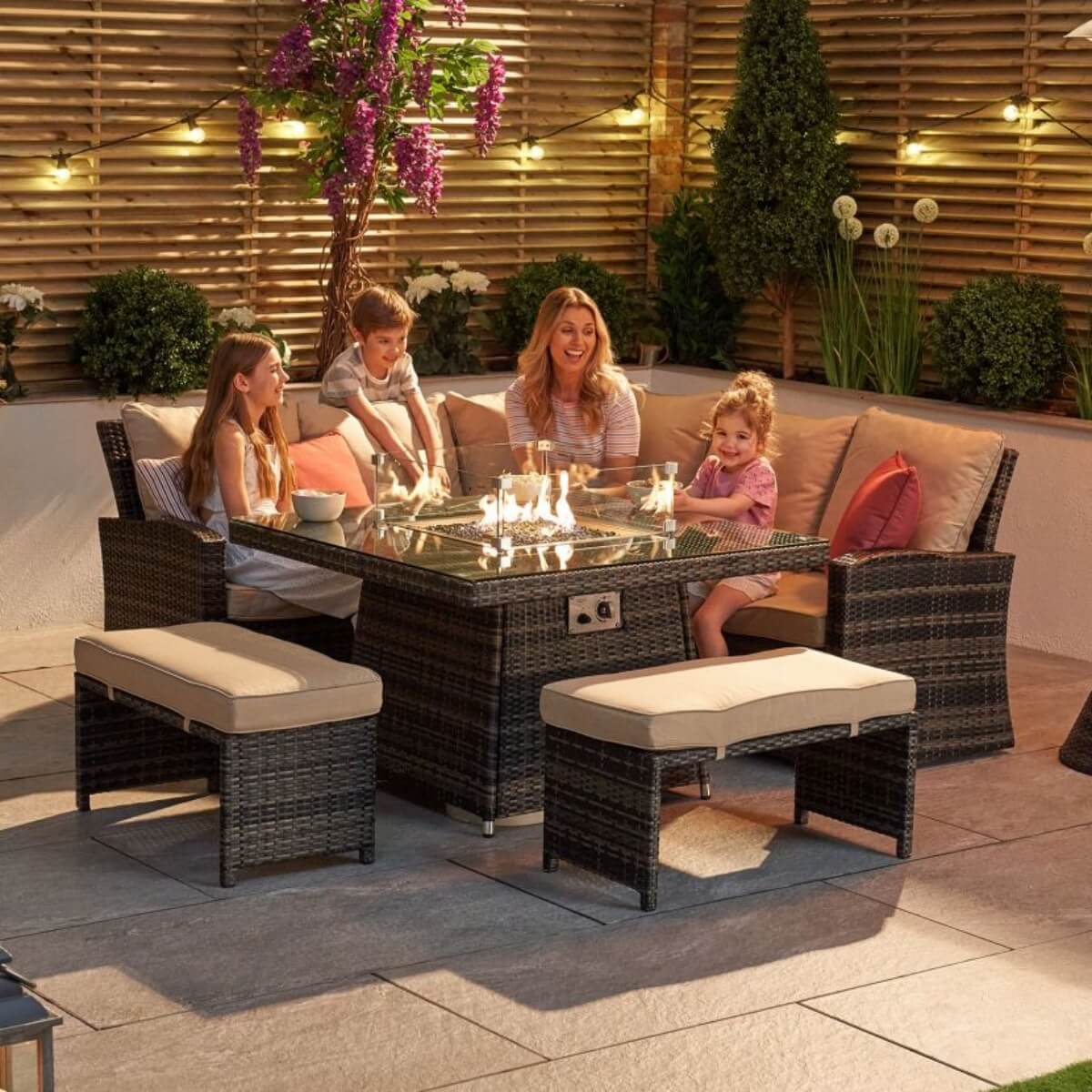 8-Seater Outdoor Corner Sofa Set with Square Fire Pit Table and 2 Benches - PAF-16700