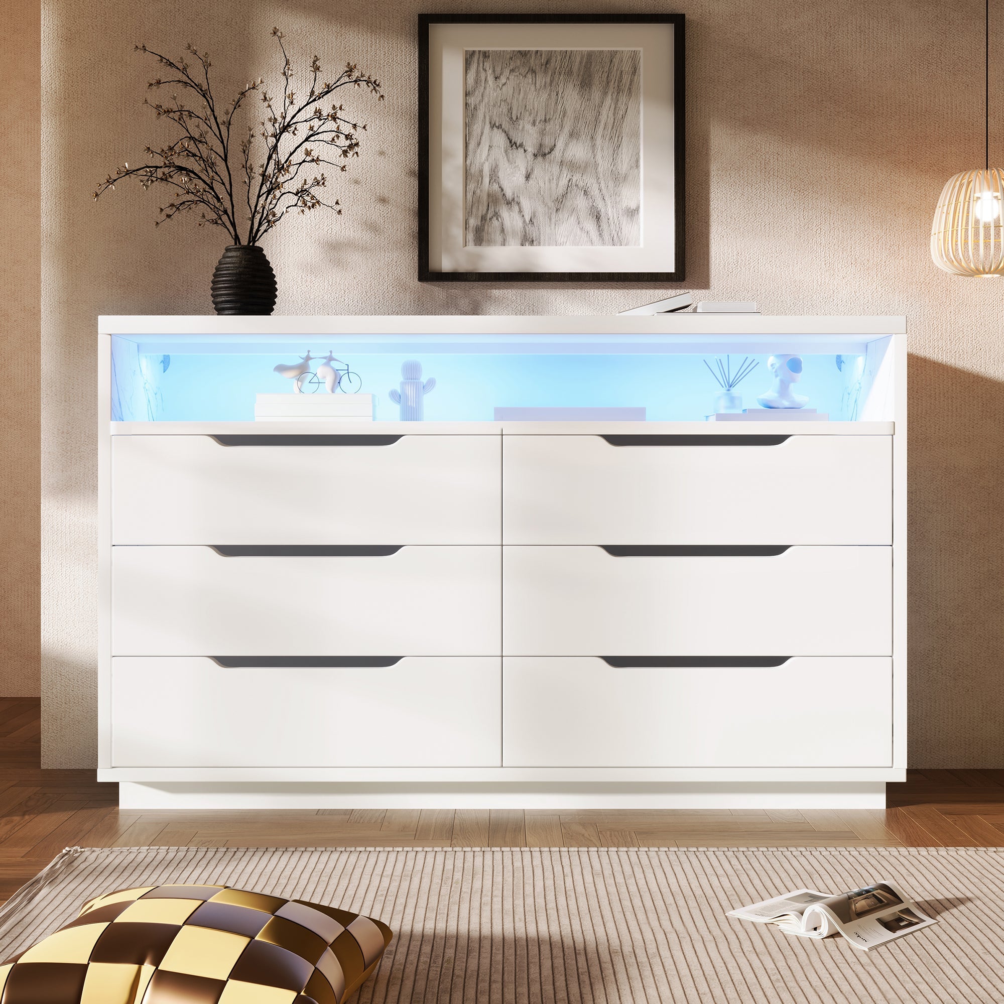 Marbled 6-Drawer Sideboard, RGB LED Lighting & Shelves, White