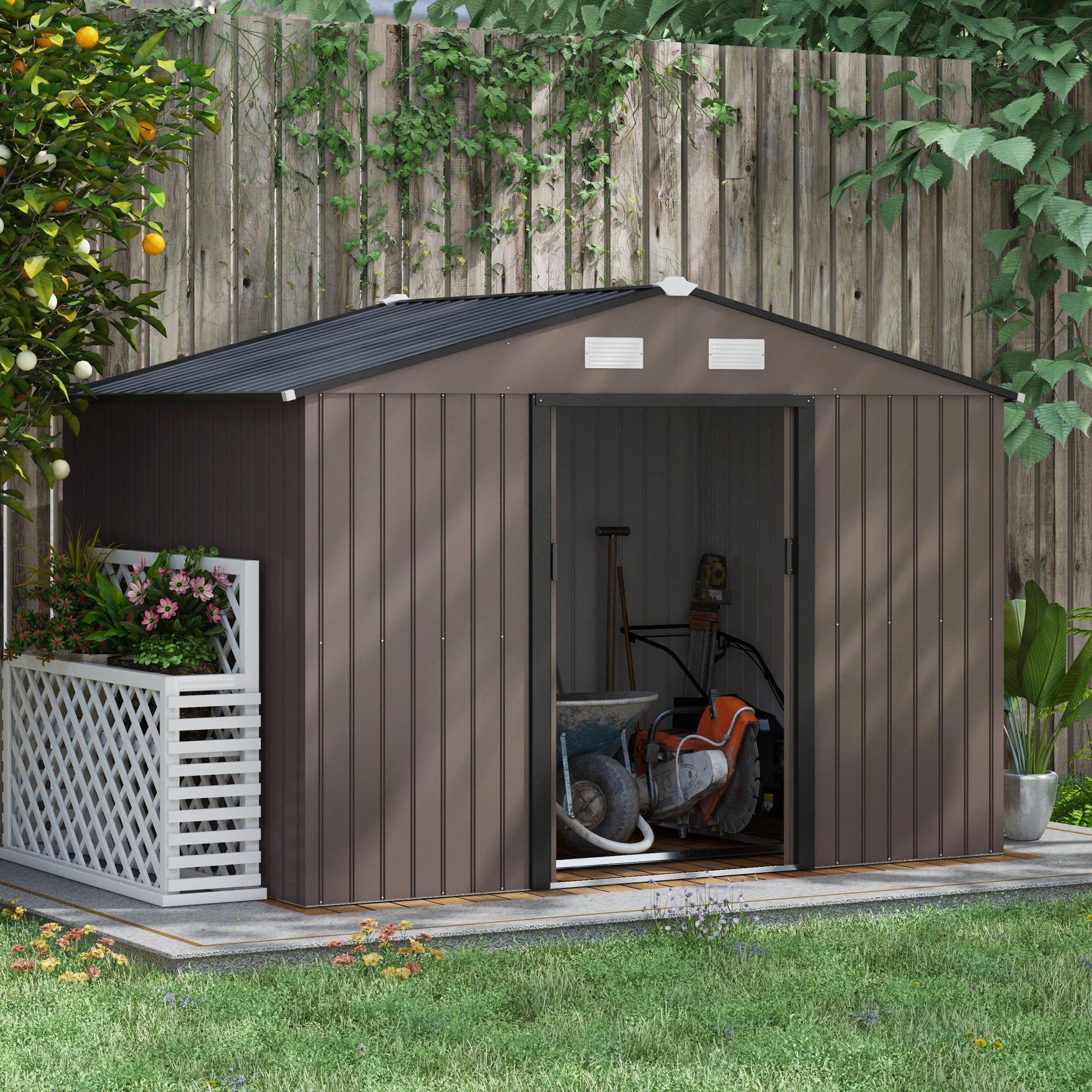 Metal Garden Shed with Ventilation, Foundation Kit & Lockable Double Doors, Brown
