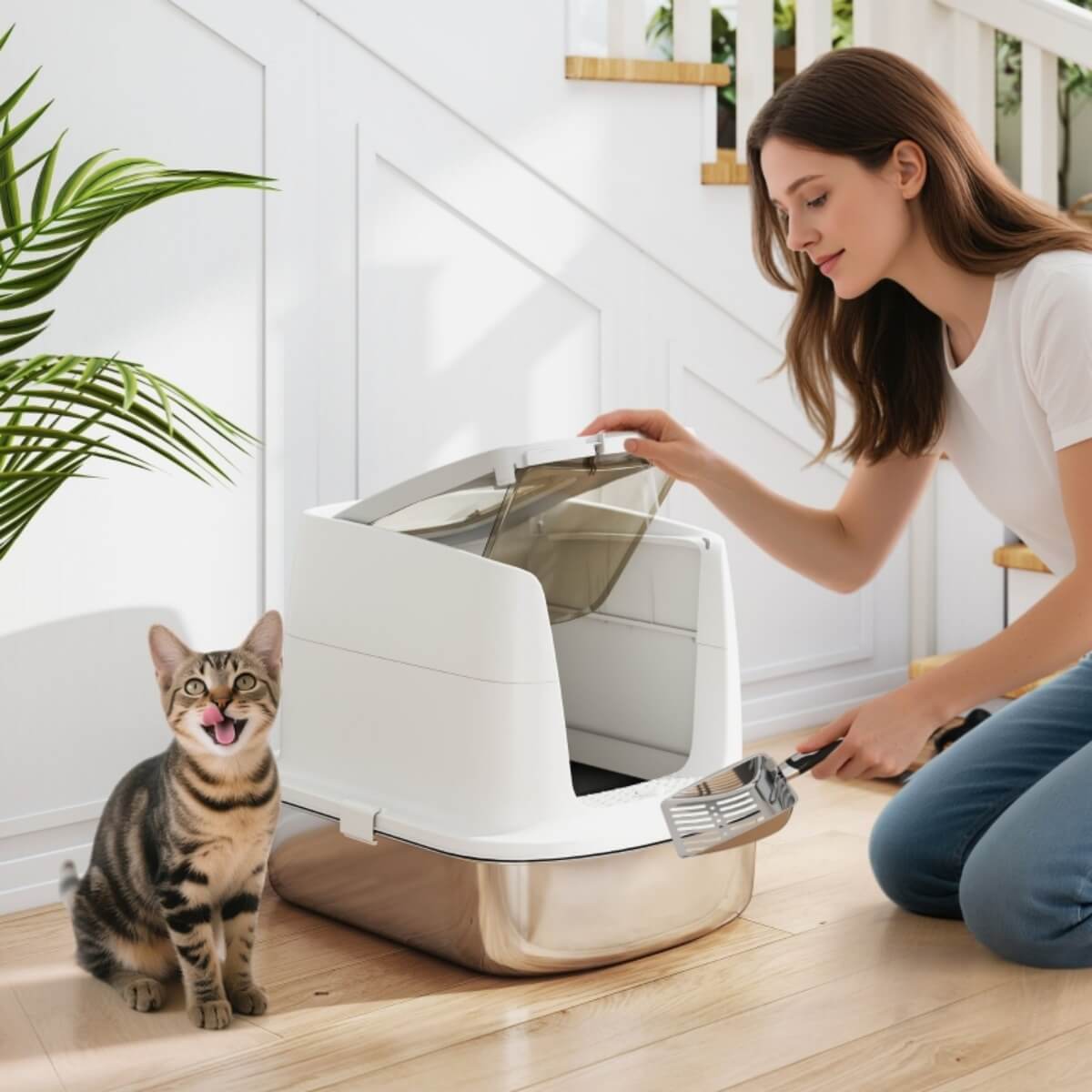 Large Stainless Steel Cat Litter Box – Enclosed Front Entry & Top Exit Tray with Scoop & Deodoriser Bag