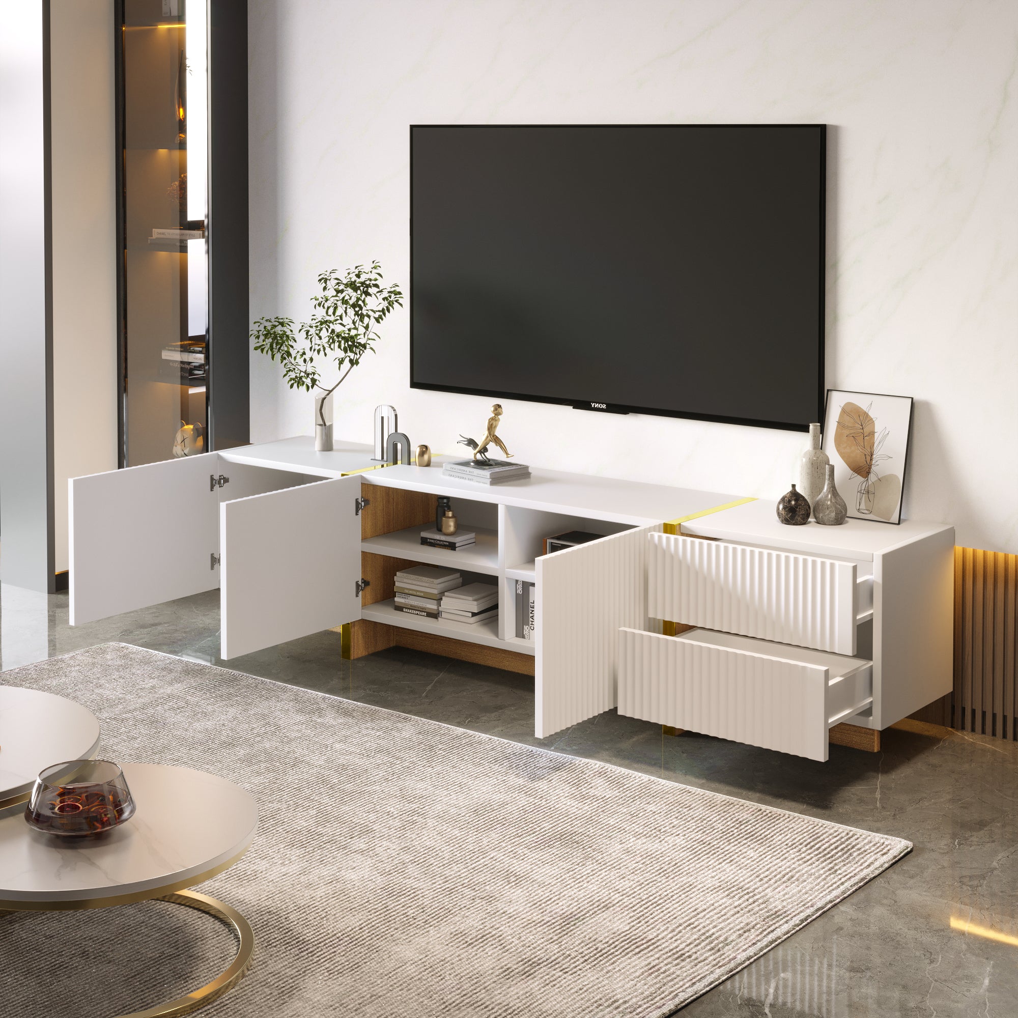 TV Cabinet 190 cm 3 Doors 2 Drawers, White Gold Wood Grain