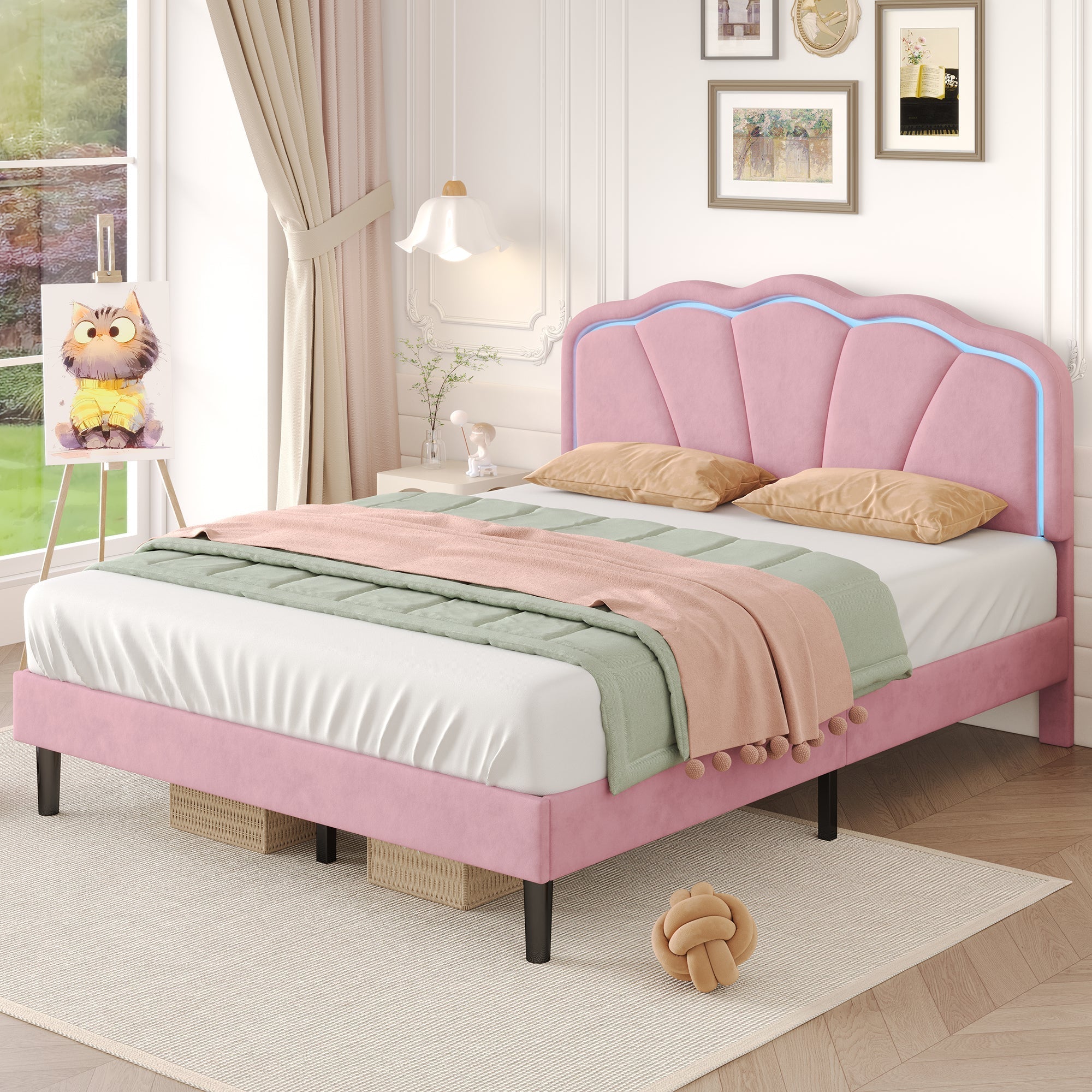 4ft6 Double Upholstered Bed with LED Adjustable Shell Headboard, Soft Velvet, Pink