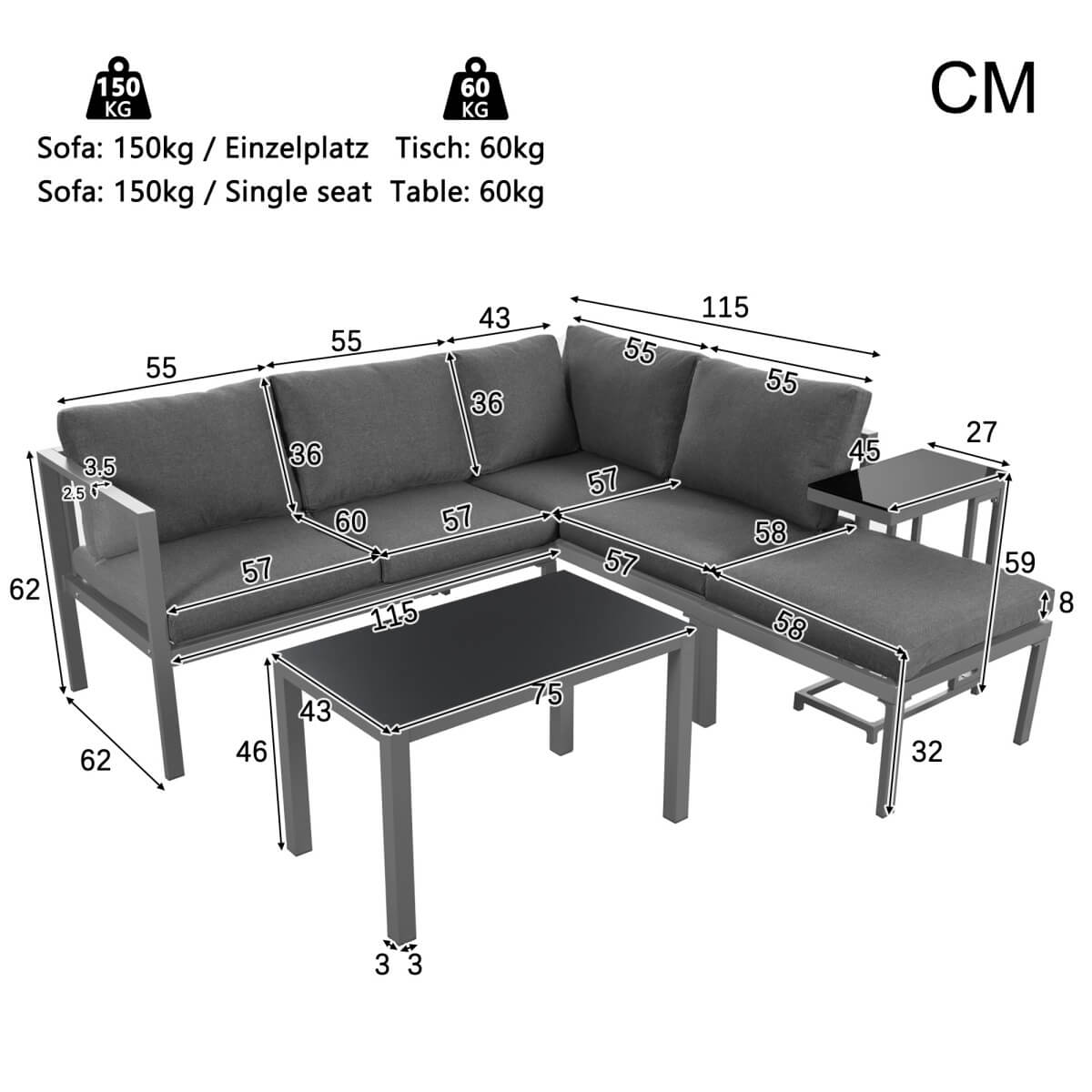 4 to 5 Seater Outdoor Garden Corner Sofa Set – All Weather Lounge Furniture with Coffee Table and Side Table