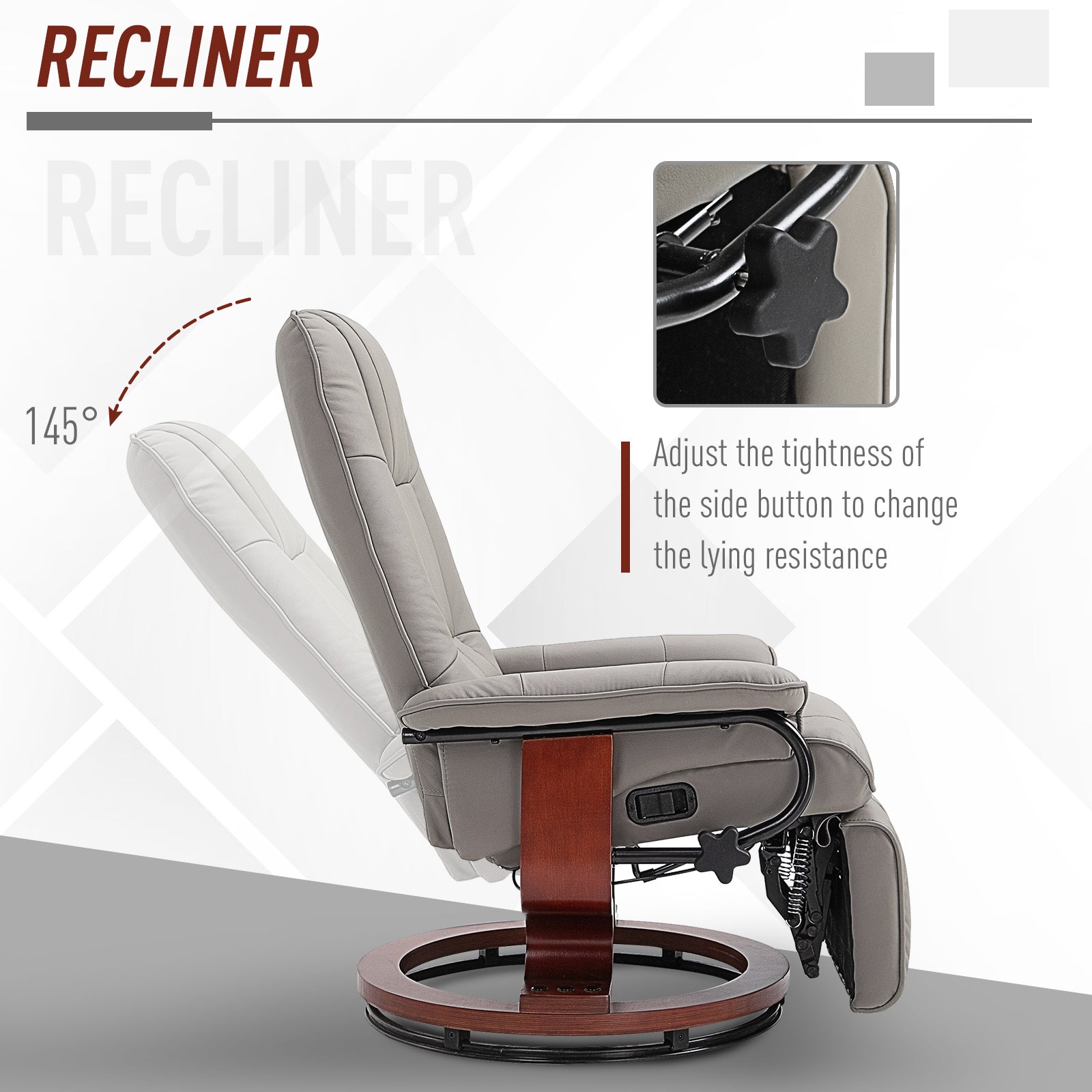360¡ã Swivel Recliner Chair with Footstool, Manual Recliner Armchair, Faux Leather, Grey