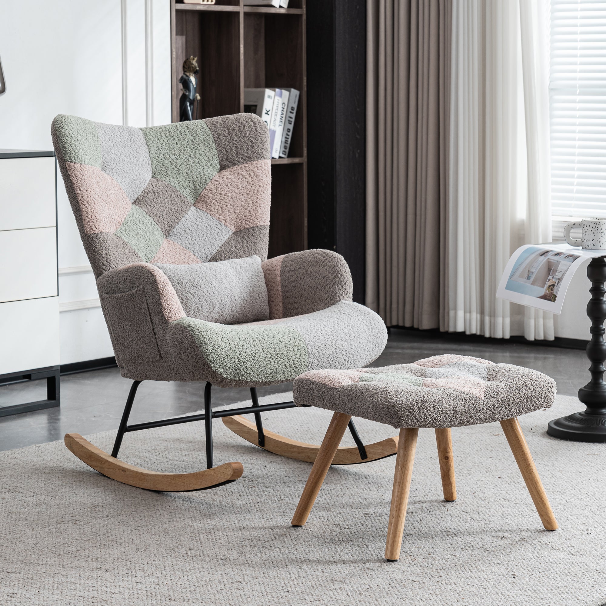 Rocking Chair, Fabric Relaxing Chair Wingback Accent Chair with Solid Wood Legs and Ottoman, Multicolour