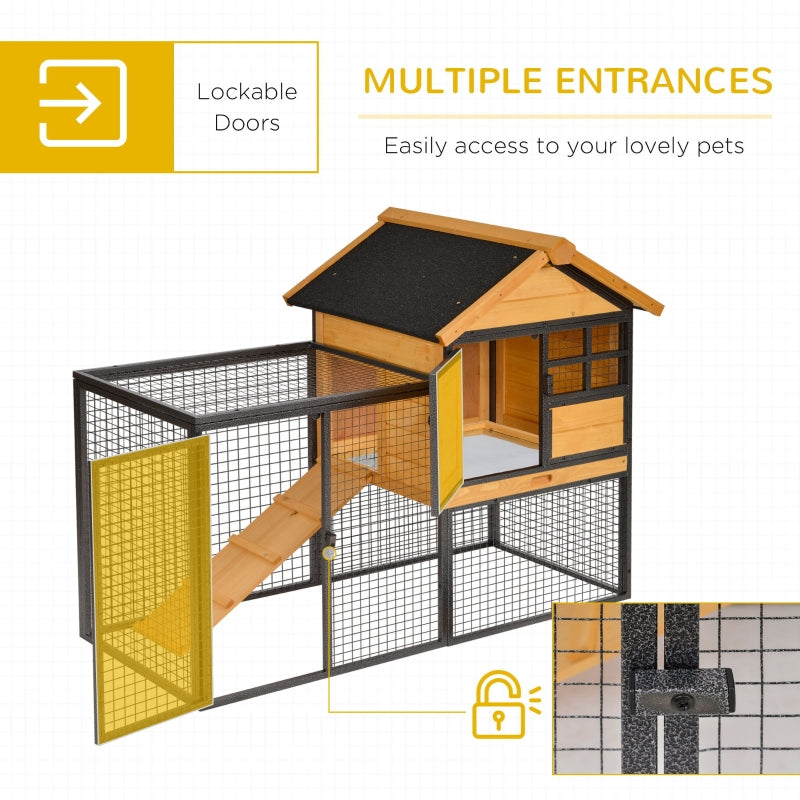 Rabbit Hutch Guinea Pig House Pet Bunny Cage Elevated for Outdoor, Wood-metal, Light Yellow