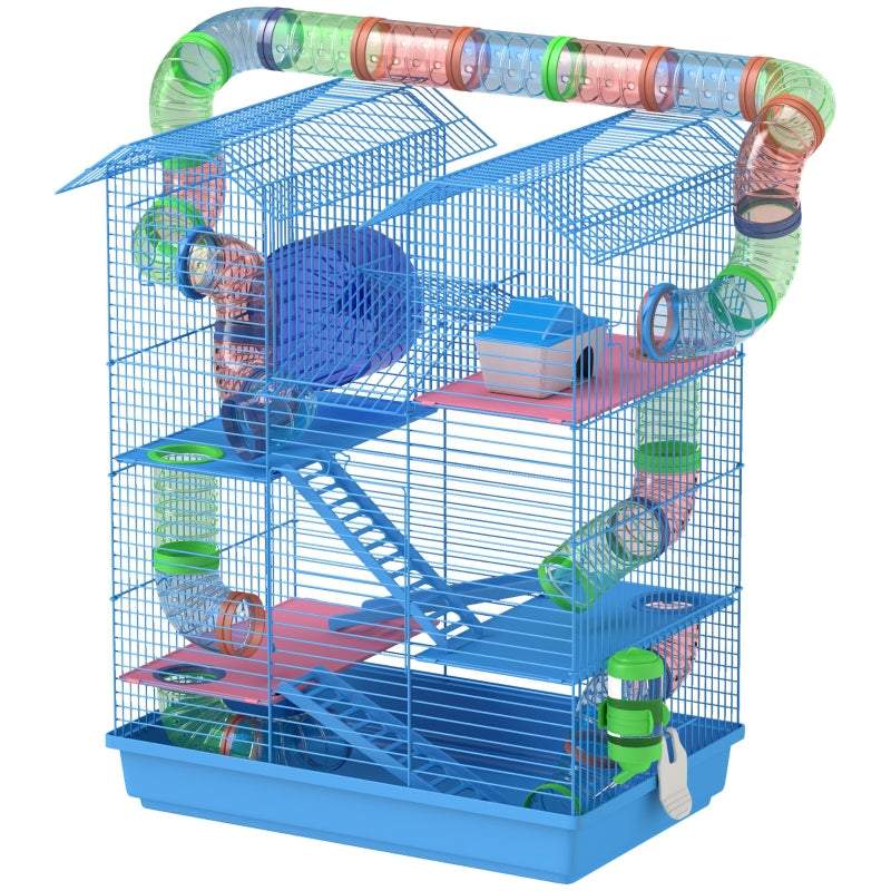 5 Tier Hamster Cage Carrier Habitat with Exercise Wheels, Tunnel, Water Bottle, Dishes, House, Ladder - Blue