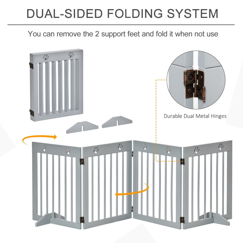 Freestanding Pet Gate 4 Panel Folding Dog Barrier, Wooden