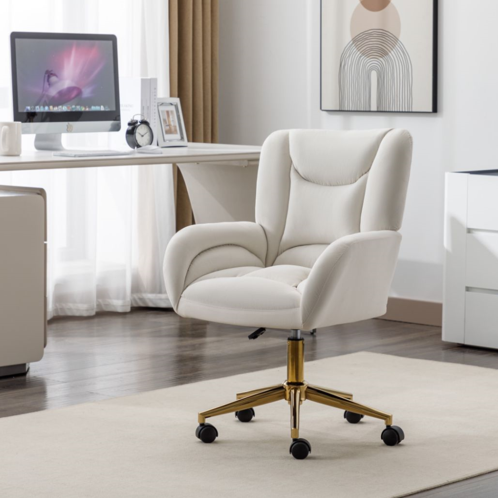 Full KD Velvet Fabric Adjustable Height Swivel Home Office Chair, Ivory