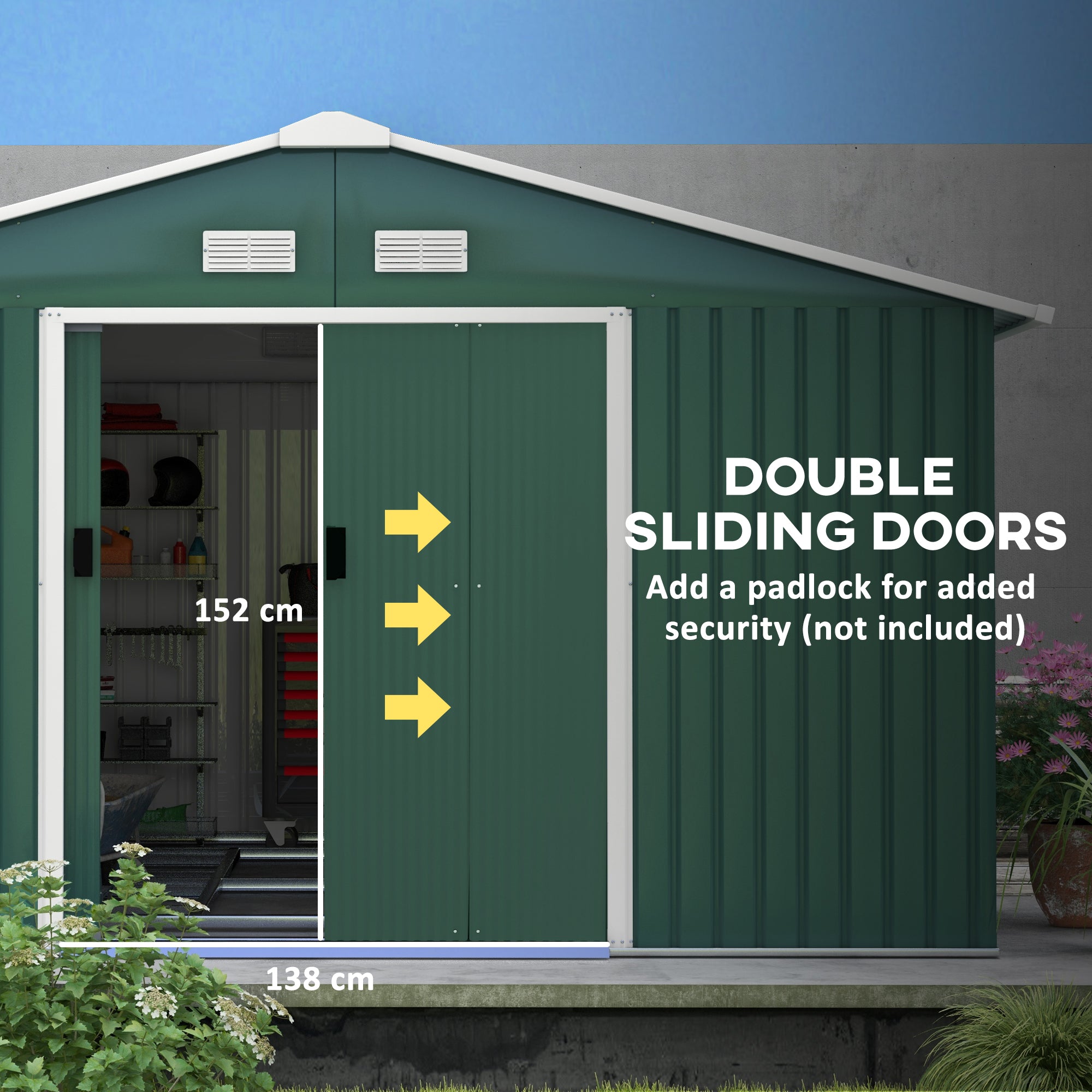 Steel Sliding Door Storage Shed 12.5 x 11.1ft - Green