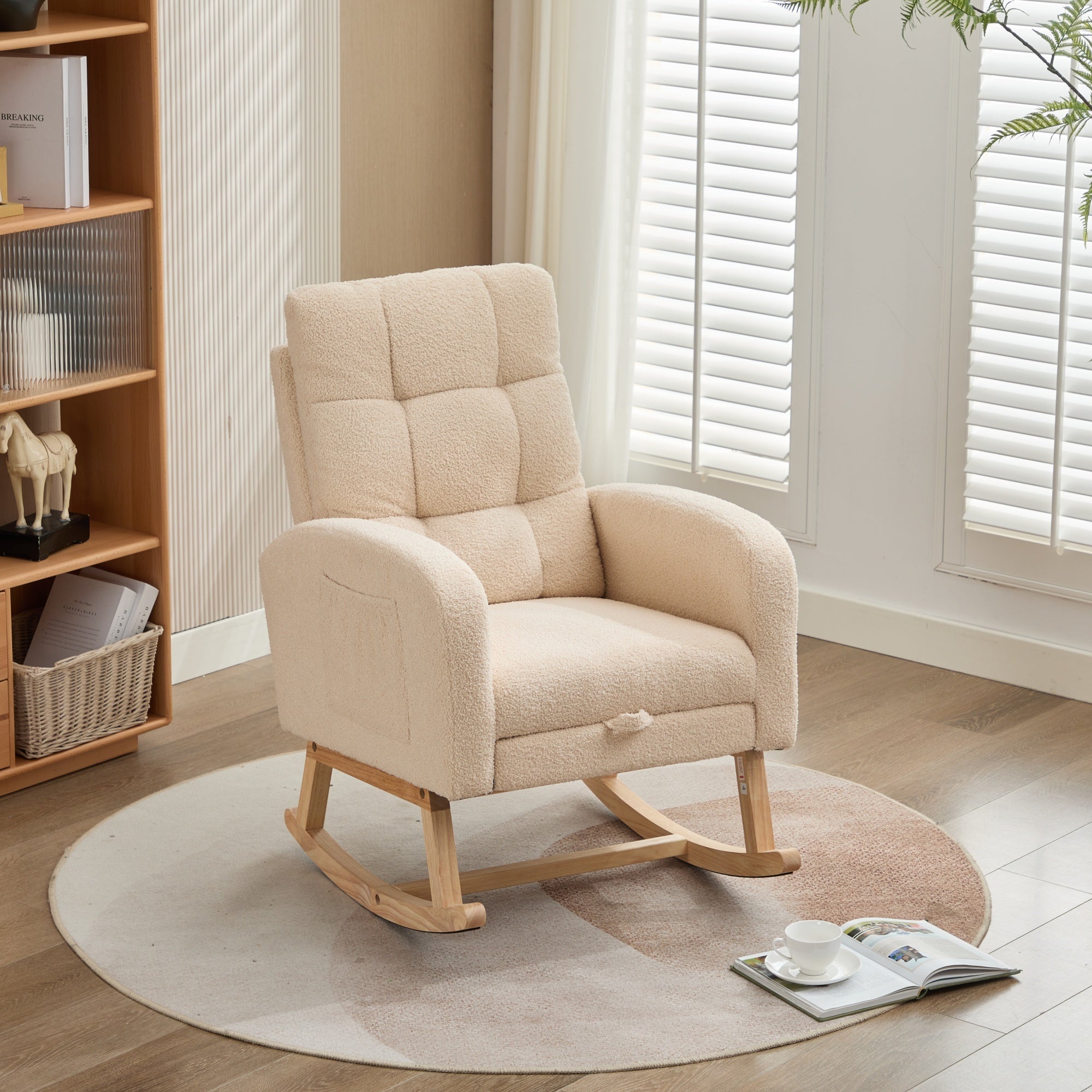 Rocking Chair with Adjustable Footrest and High Backrest, Beige Teddy Fabric