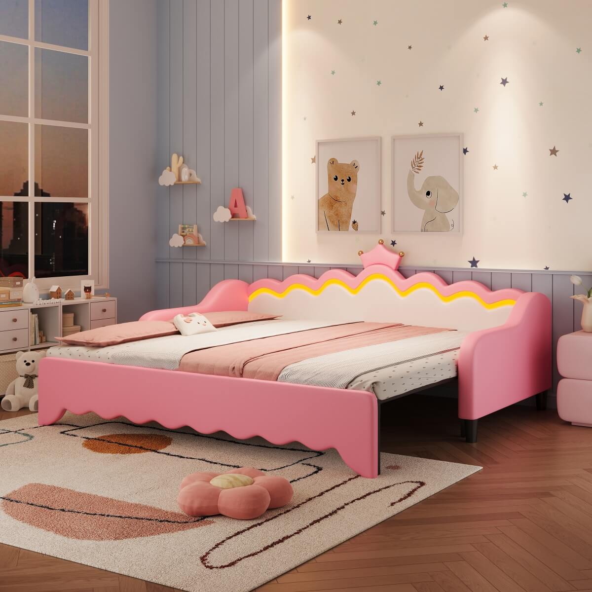 3FT Single Daybed with LED Crown Headboard – PU Leather Sofa Bed with Trundle for Living Room or Bedroom