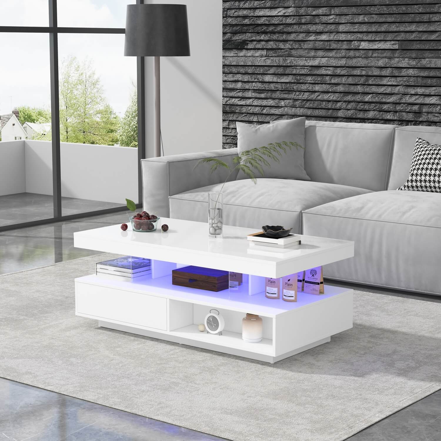 LED Coffee Table with Storage – High Gloss Centre Table with 2 Drawers, White