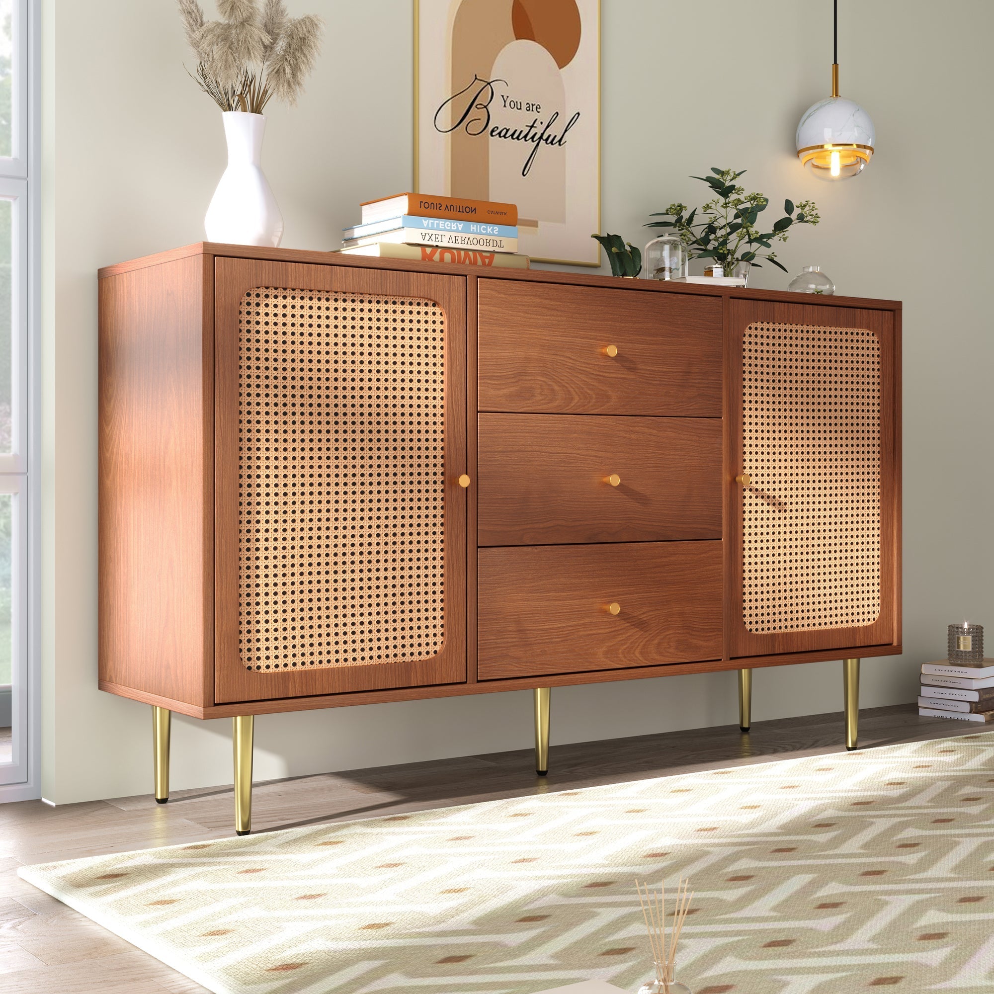 Rattan Sideboard Cabinet for Living Room, Chest of Drawers with 2 Doors and 3 Drawers, Adjustable Shelf, Walnut
