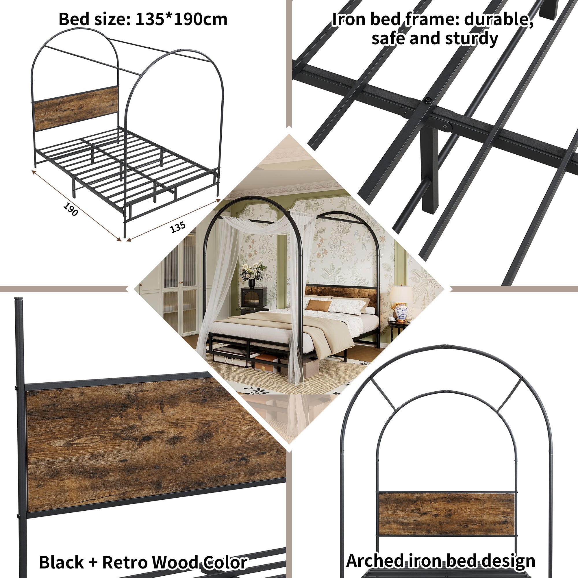 Metal Bed, Durable & Sturdy Canopy Twin Bed, Black+Wood Color, Iron Material
