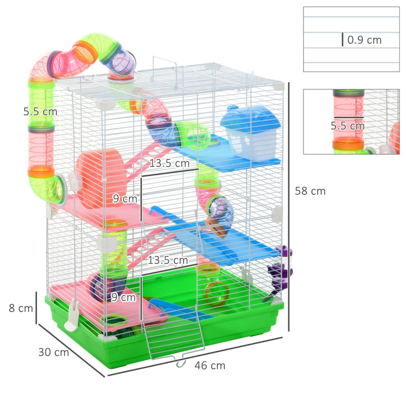 5 Tier Hamster Cage with Exercise Wheels, Tunnel, Green