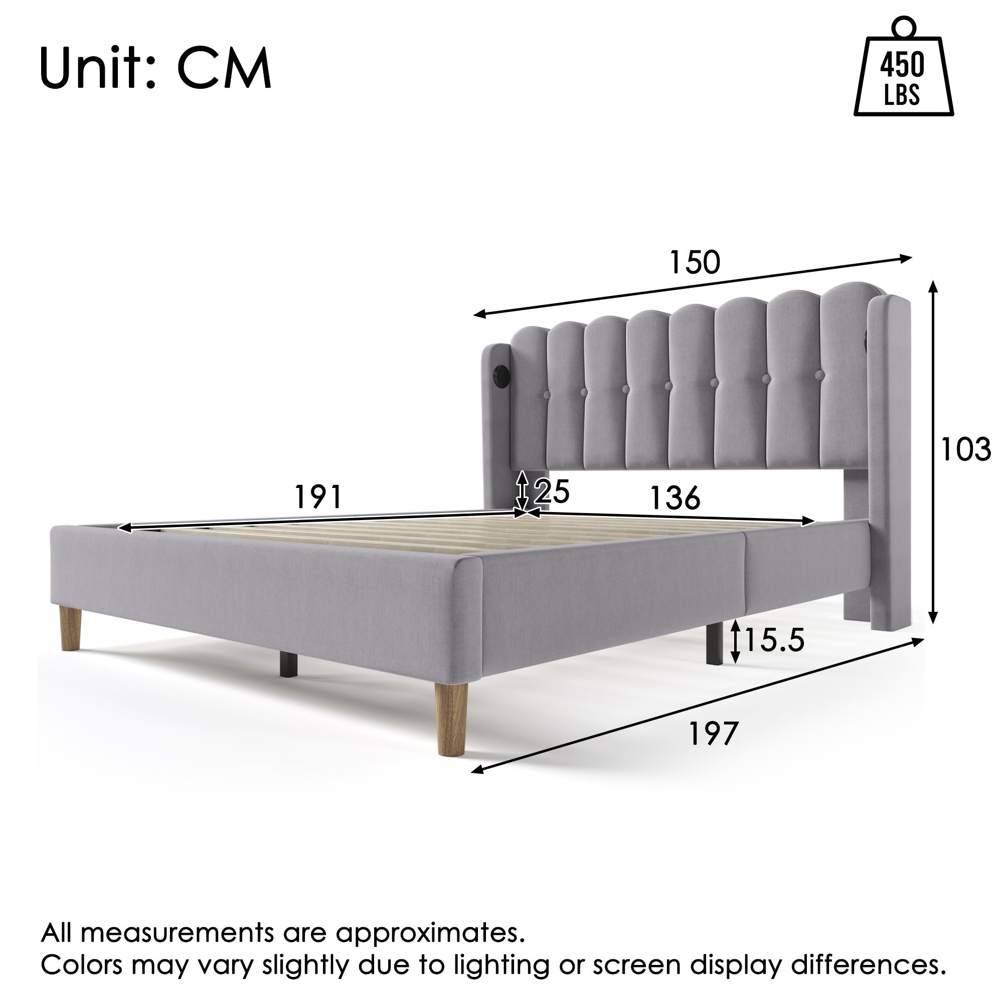 Upholstered Double Bed with USB and Type-C Charging, Bed Frame with Wooden Slatted Frame, Teenager Bed, Grey Linen Material