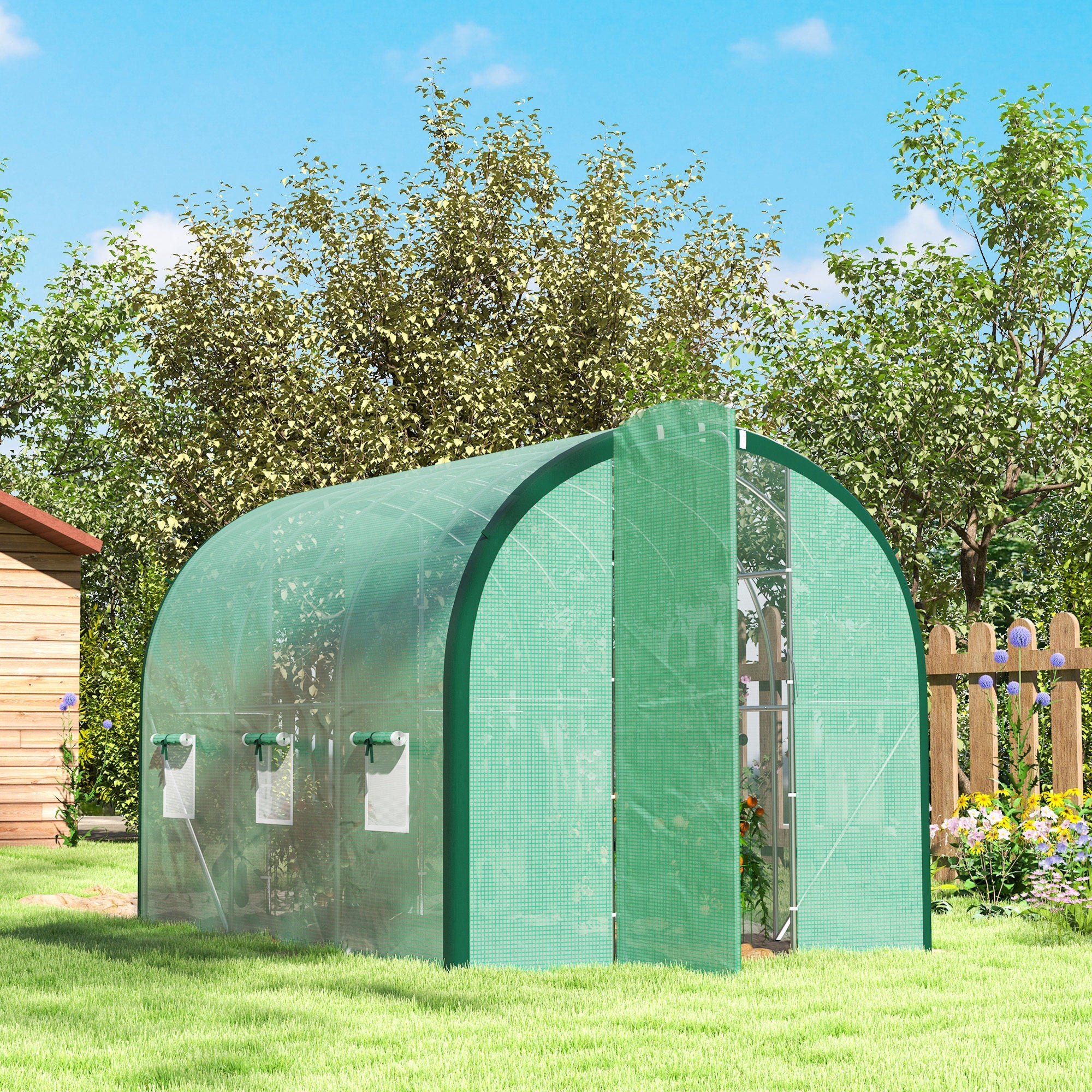 Polytunnel Greenhouse, 3 x 2(m) with Windows and Doors - Green