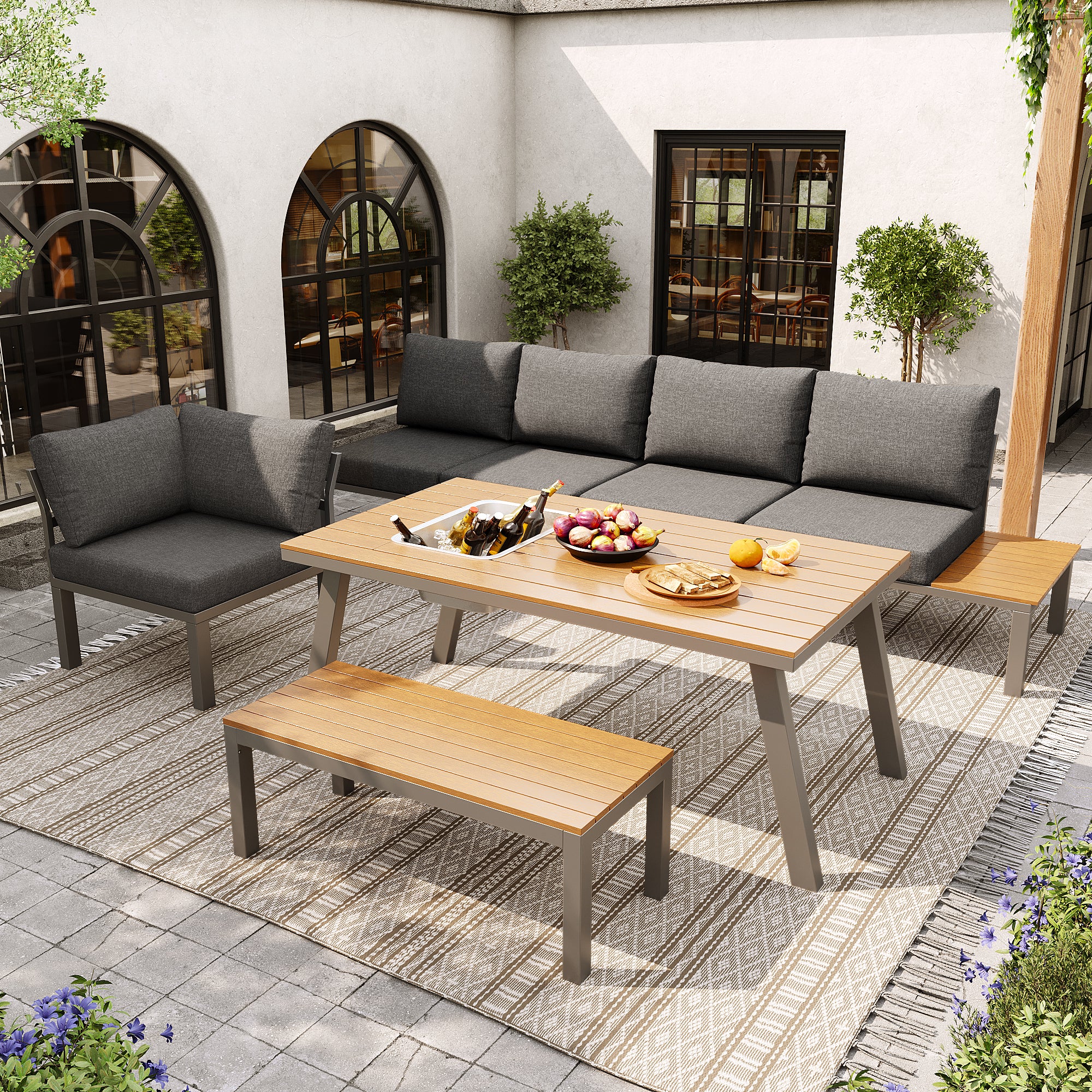 6 to 7 Seater Outdoor Garden Lounge Set – All Weather Modern Seating with Ice Bucket Table