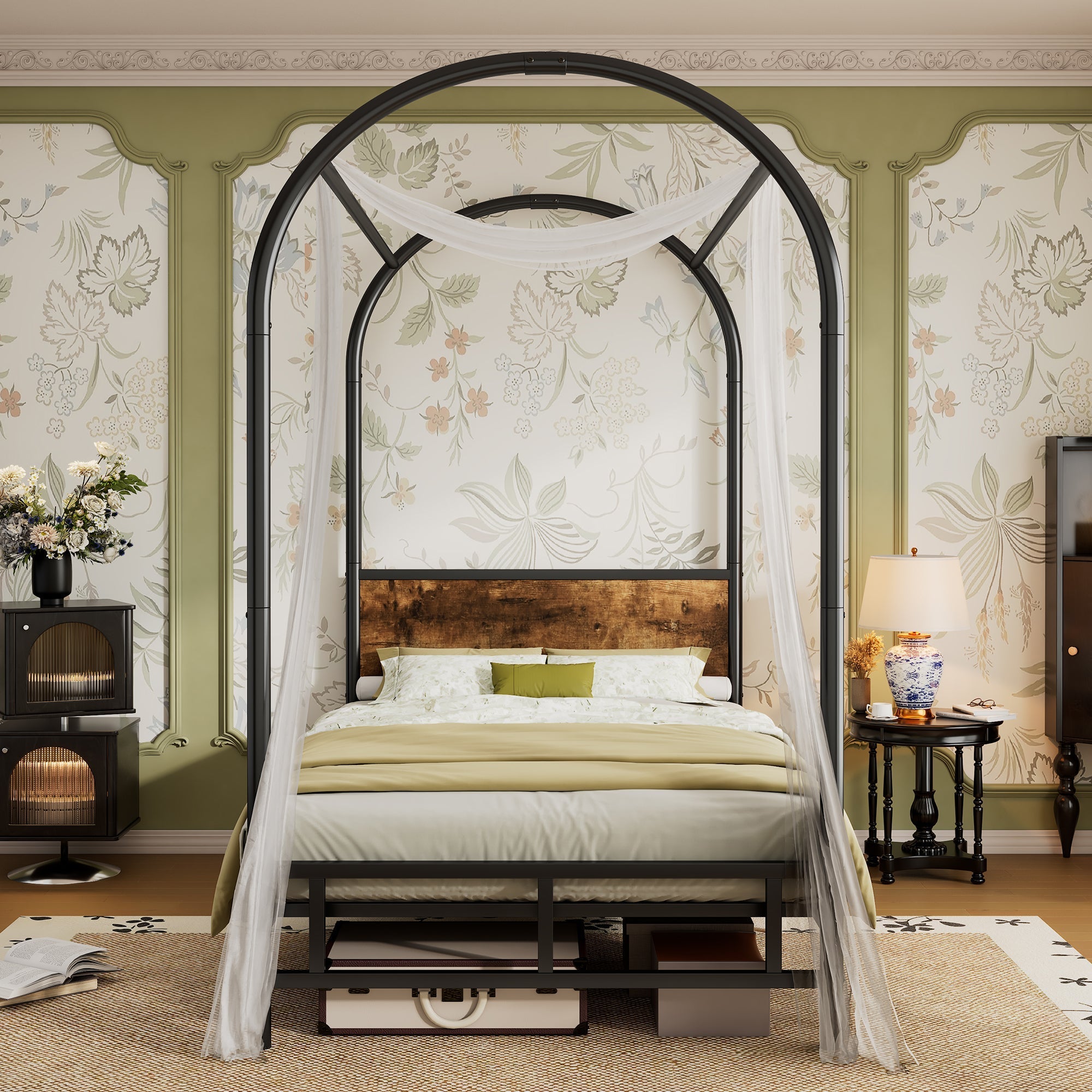 Metal Bed, 3FT Single Bed 90x190cm, Durable and Sturdy Canopy Twin Bed, Black+Wood Color, Iron