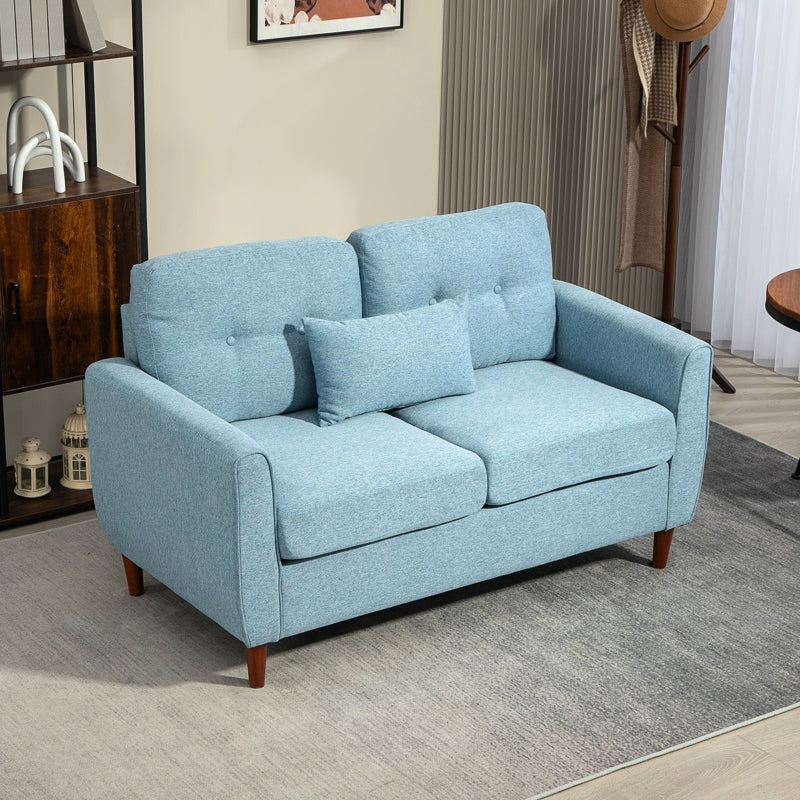 2 Seater Sofa - Spring Cushion, Wooden Legs, Tufted Couch, Light Blue Fabric