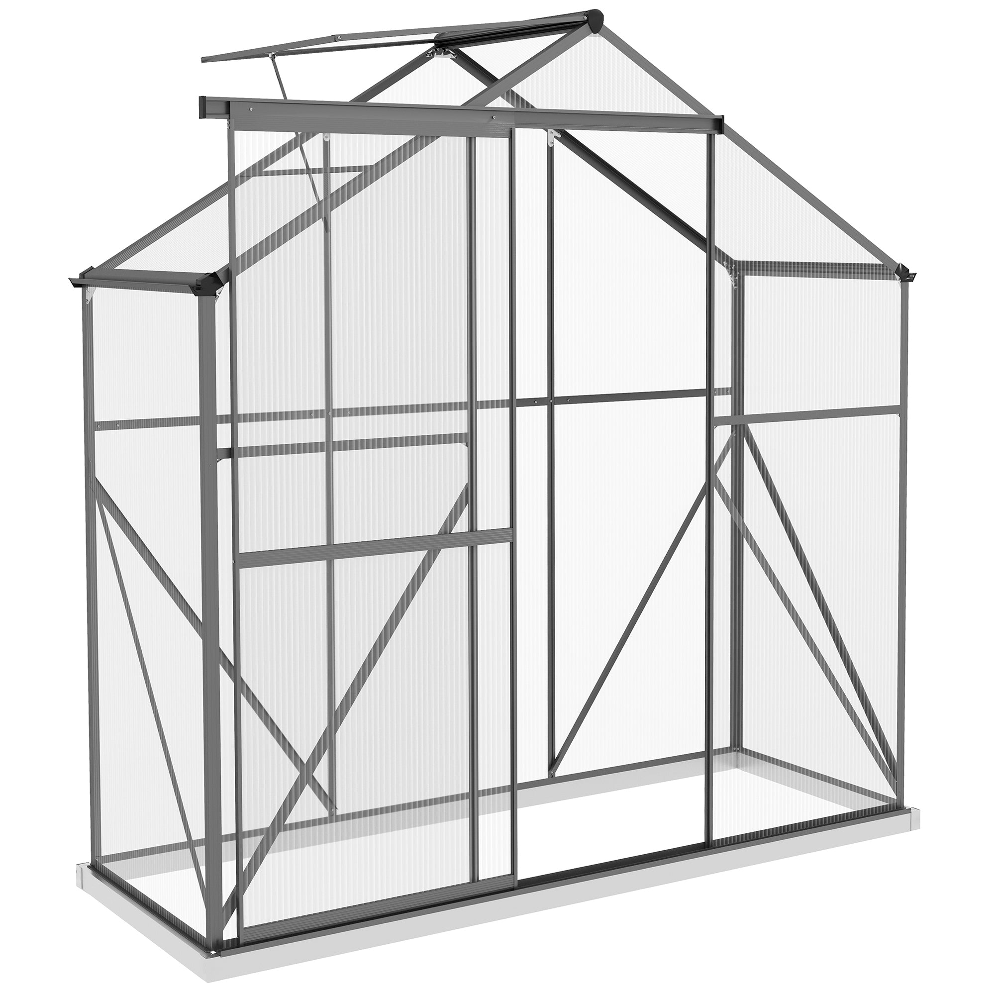Polycarbonate Greenhouse Walk-In with Rain Gutter, Sliding Door, Window, Foundation, Dark Grey
