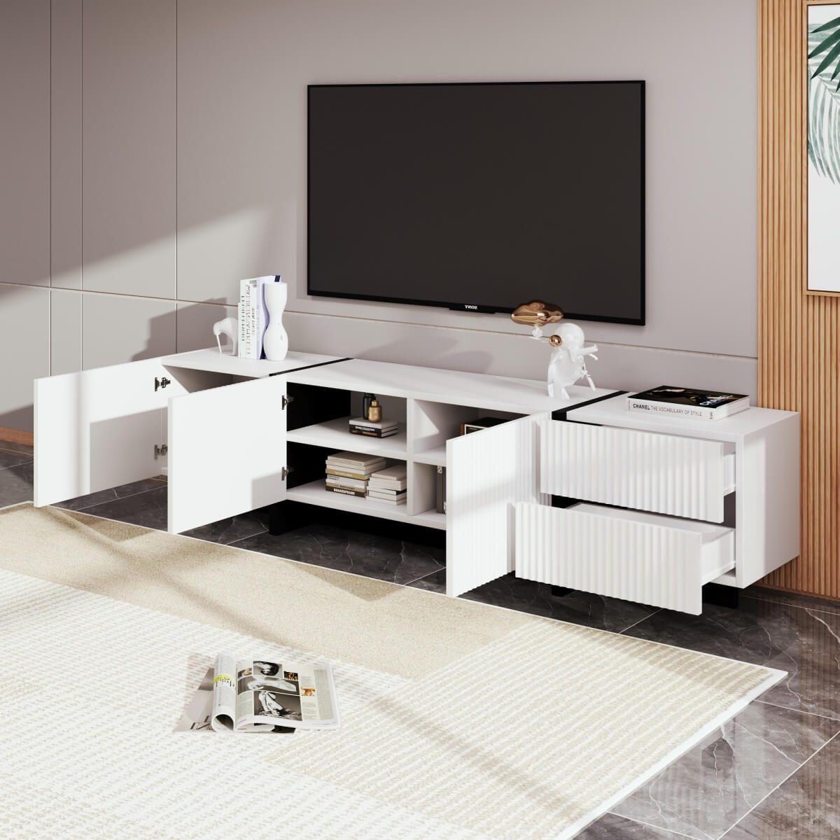 Modern Black and White TV Unit – 190cm TV Stand with 3 Doors and 2 Drawers