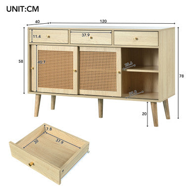 Modern Retro Rattan Sideboard with 3 Drawers and Wooden Frame