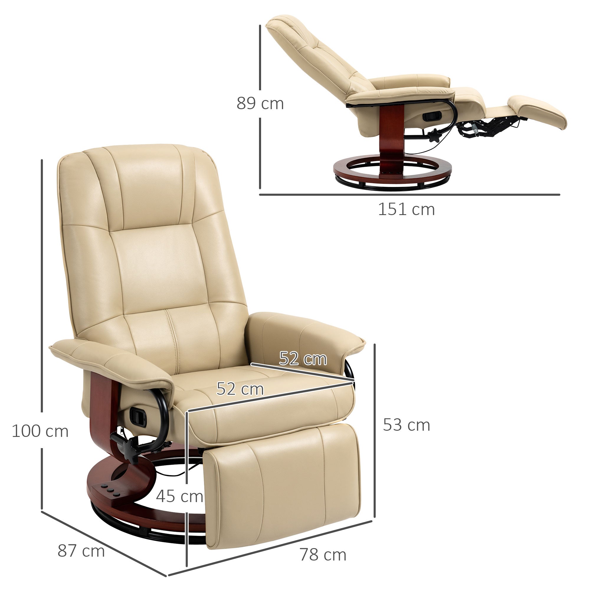 Faux Leather Armchair, 145¡ã Reclining Back and Footrest - Cream