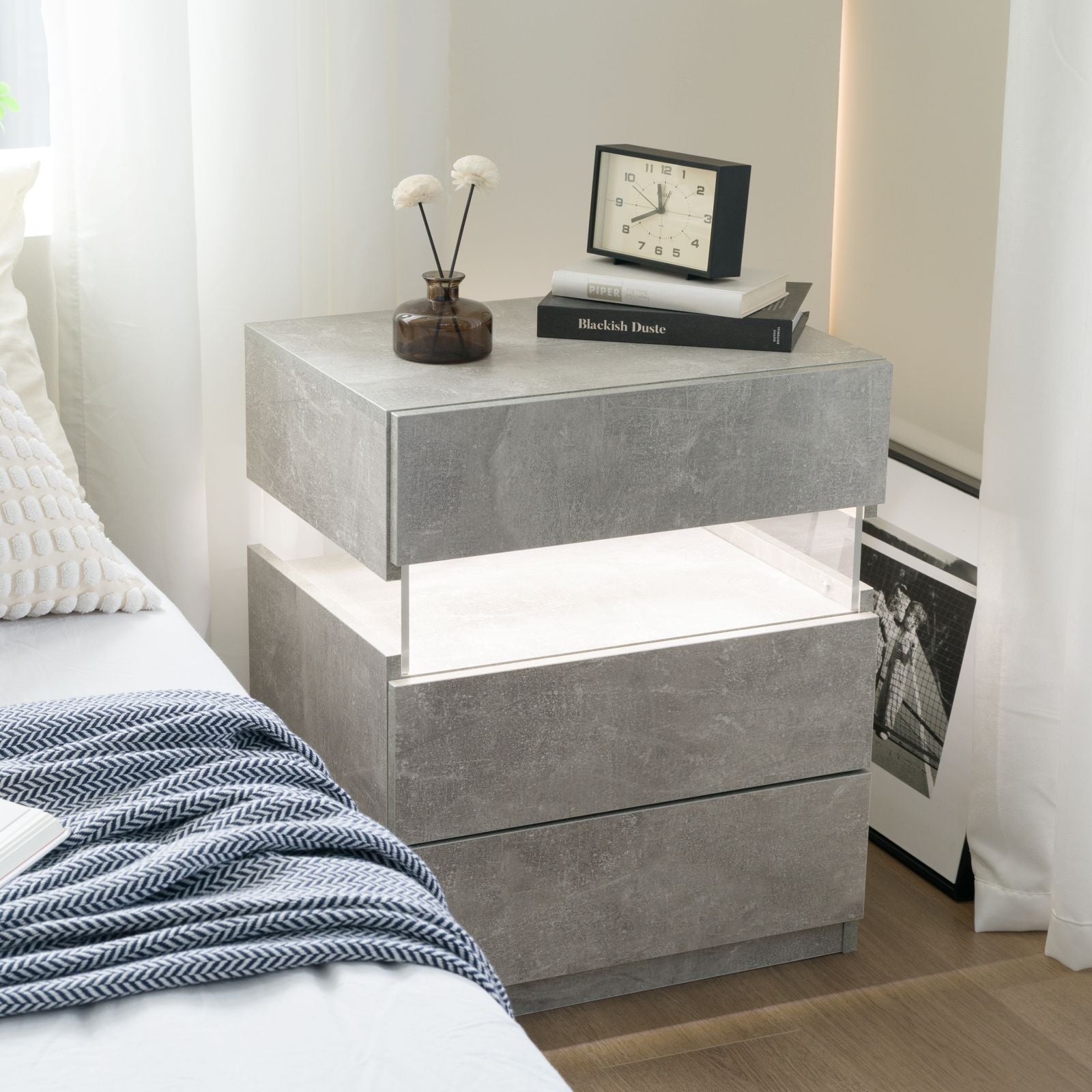 LED Nightstands: Acrylic Board, End Table with 3 Drawer Dresser (Gray)