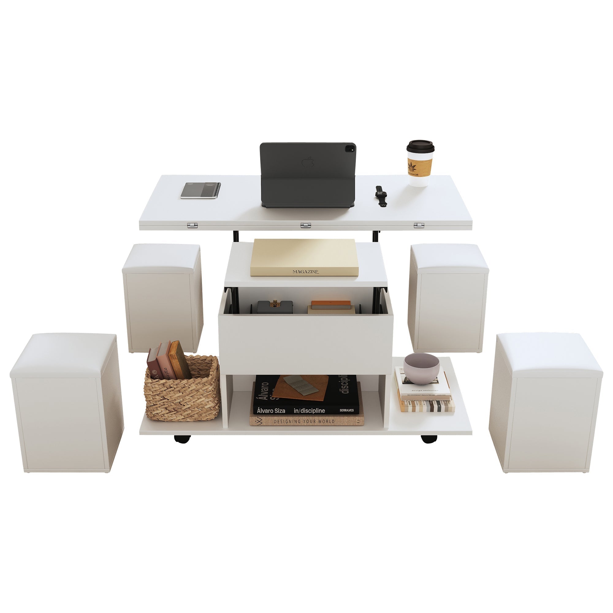 Lift Up Coffee Table with Storage, White