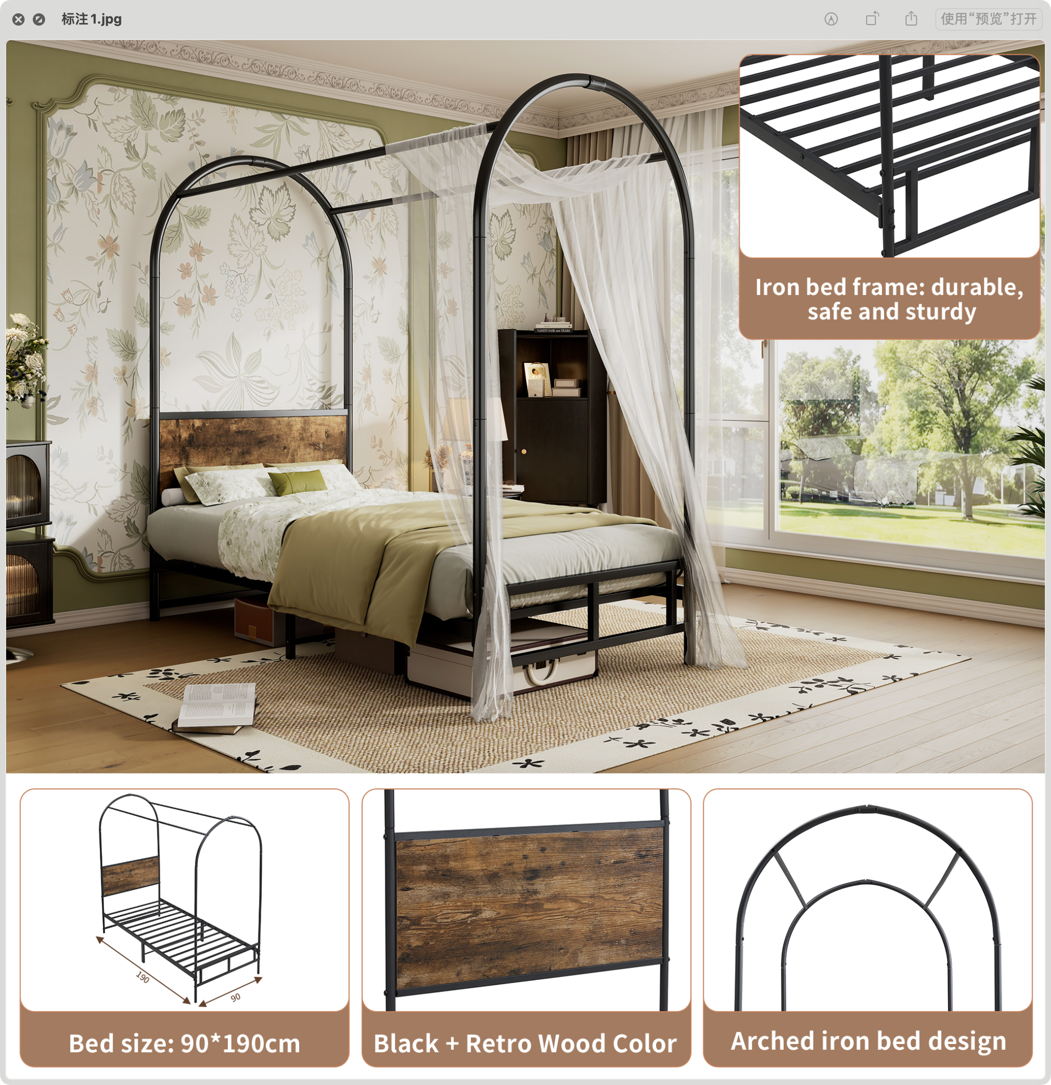 Metal Bed, 3FT Single Bed 90x190cm, Durable and Sturdy Canopy Twin Bed, Black+Wood Color, Iron