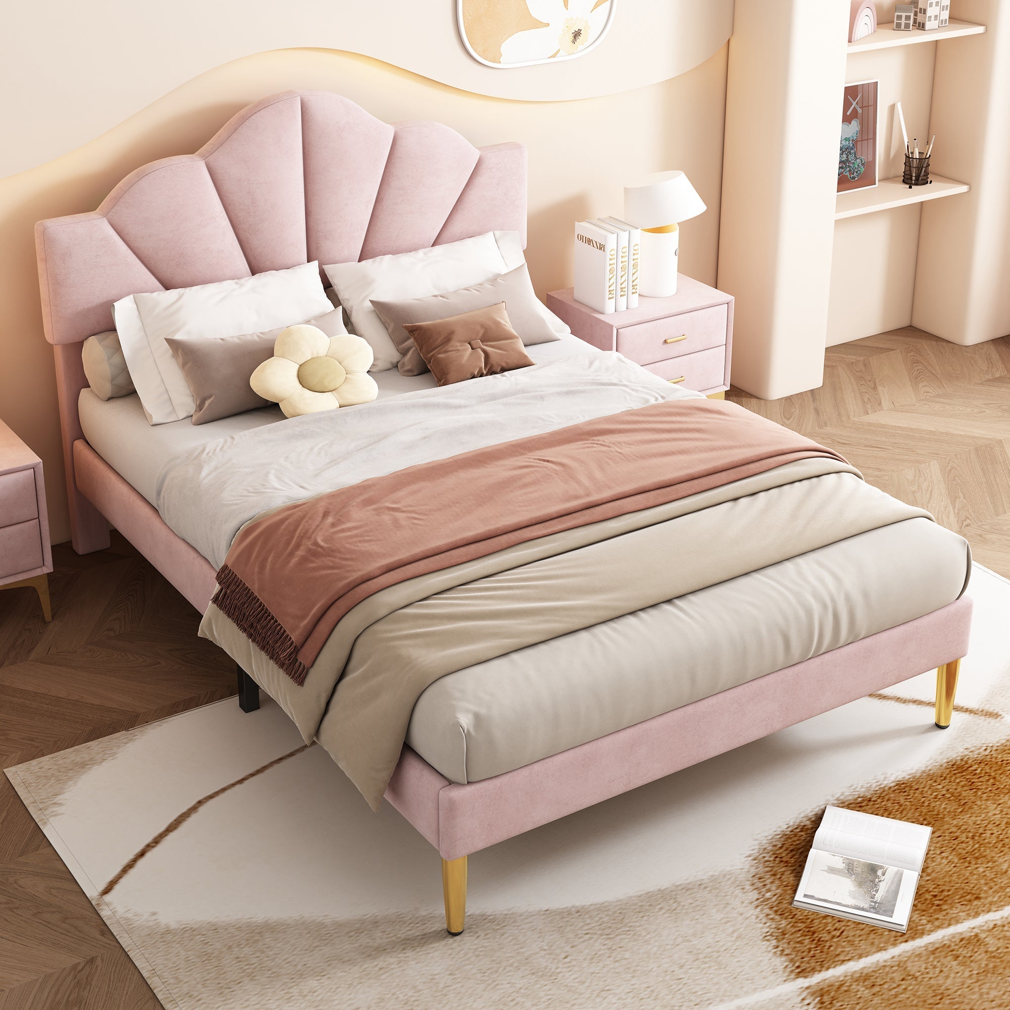 Velvet Upholstered Bed, King Size (150x200cm), Shell-Like with Adjustable Headboard, Pink