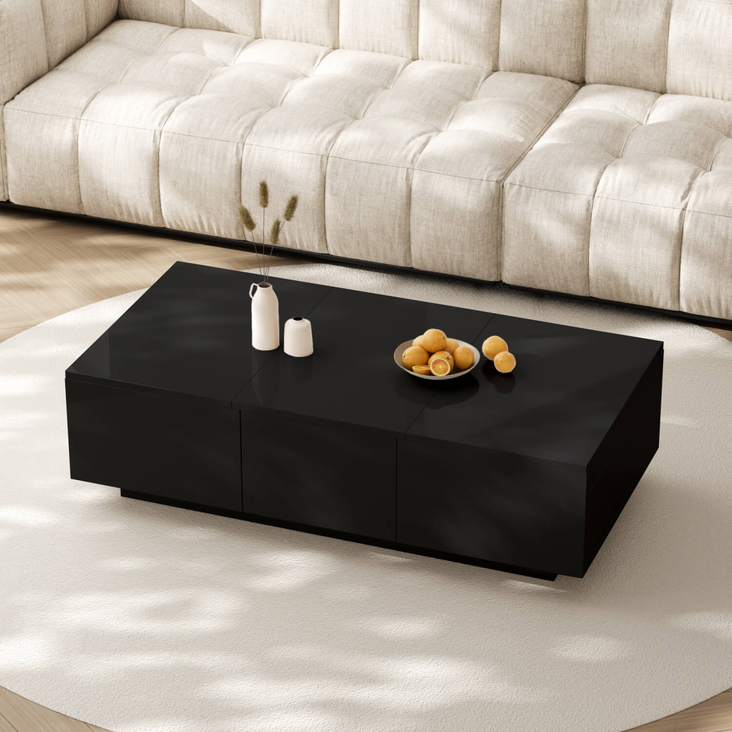 High Gloss Black Coffee Table with Storage - Push-to-Open Drawers, Modern Living Room Table
