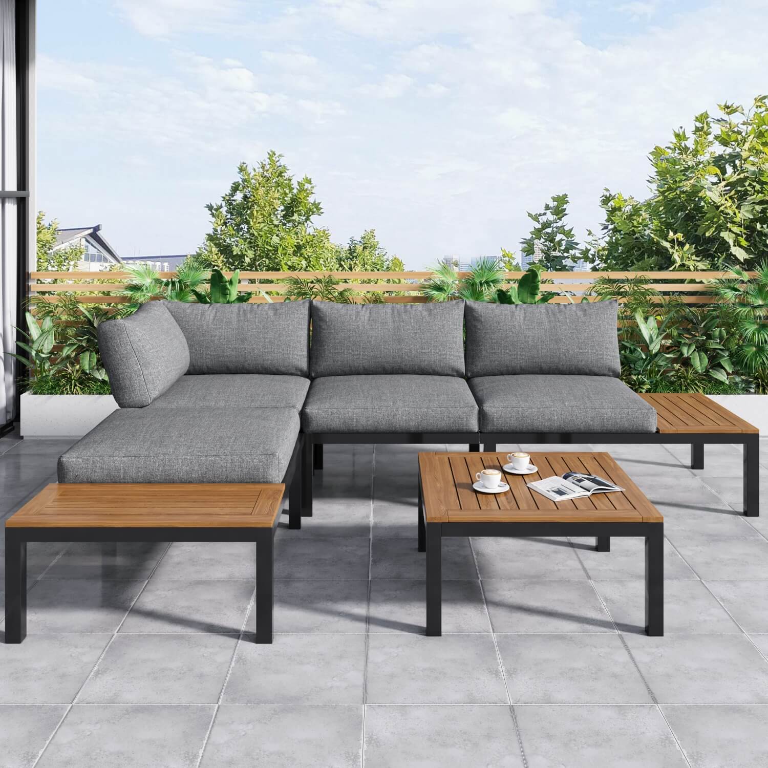 4 Seater Garden Corner Sofa Set – Space Saving L Shaped Outdoor Lounge with Wooden Table
