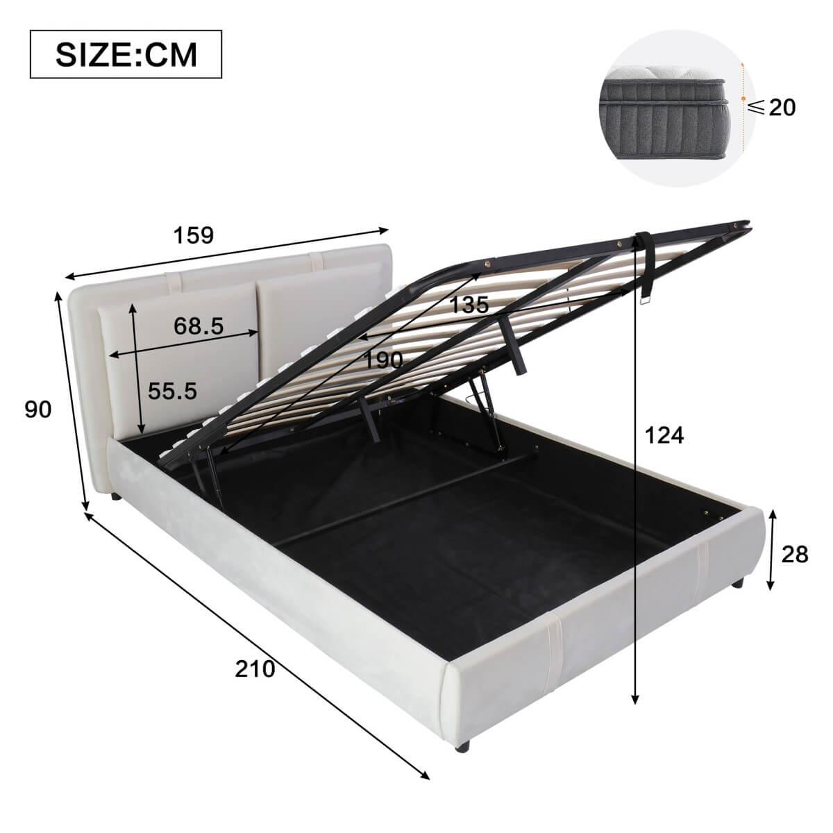 4ft6 Double Upholstered Storage Bed – Hydraulic Lift, Velvet Bed Frame with Removable Headboard, Beige