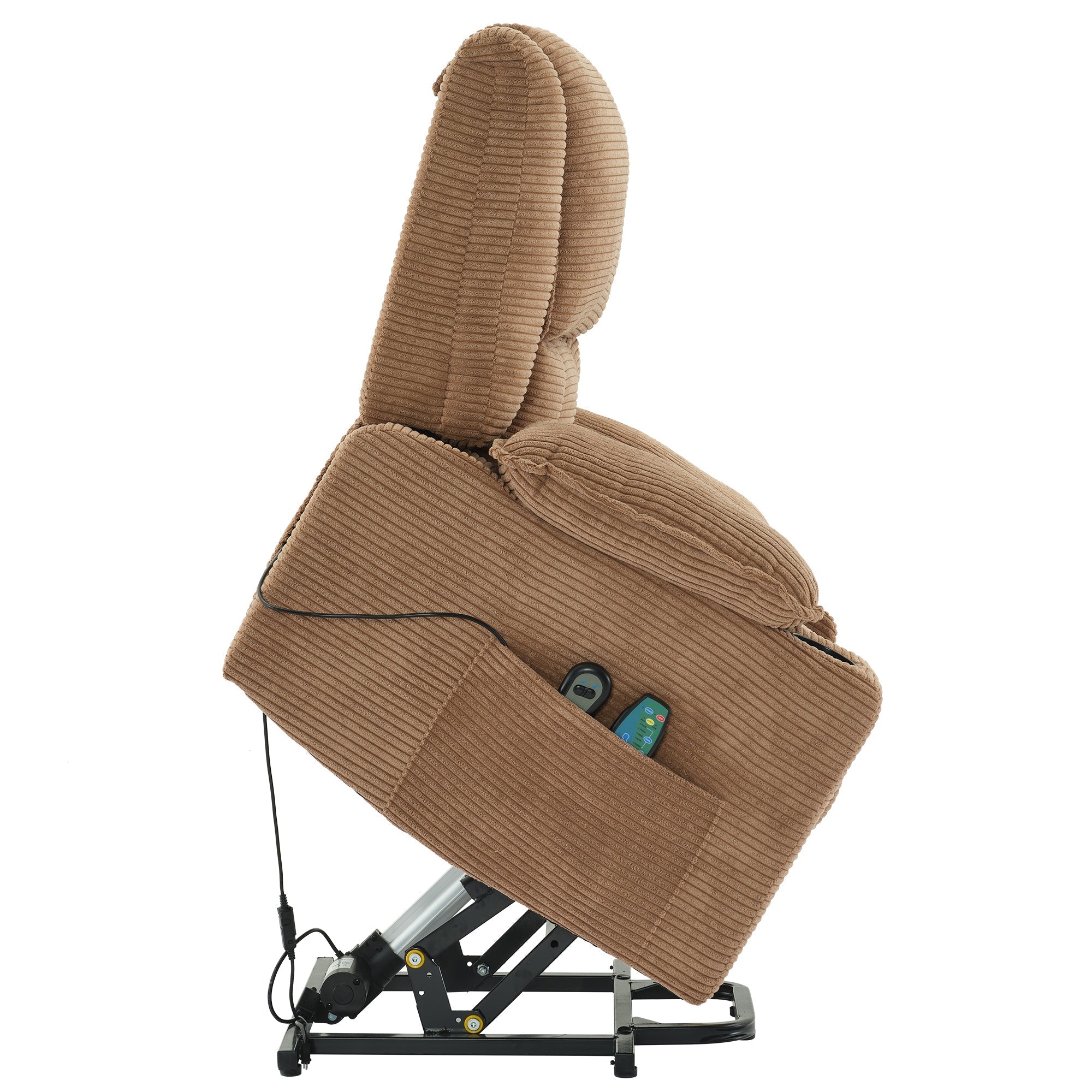 Oversized Power Lift Chair, Recliner with Heat & Massage, Single Sofa, Cup Holders, Upholstered Fabric, Light Brown
