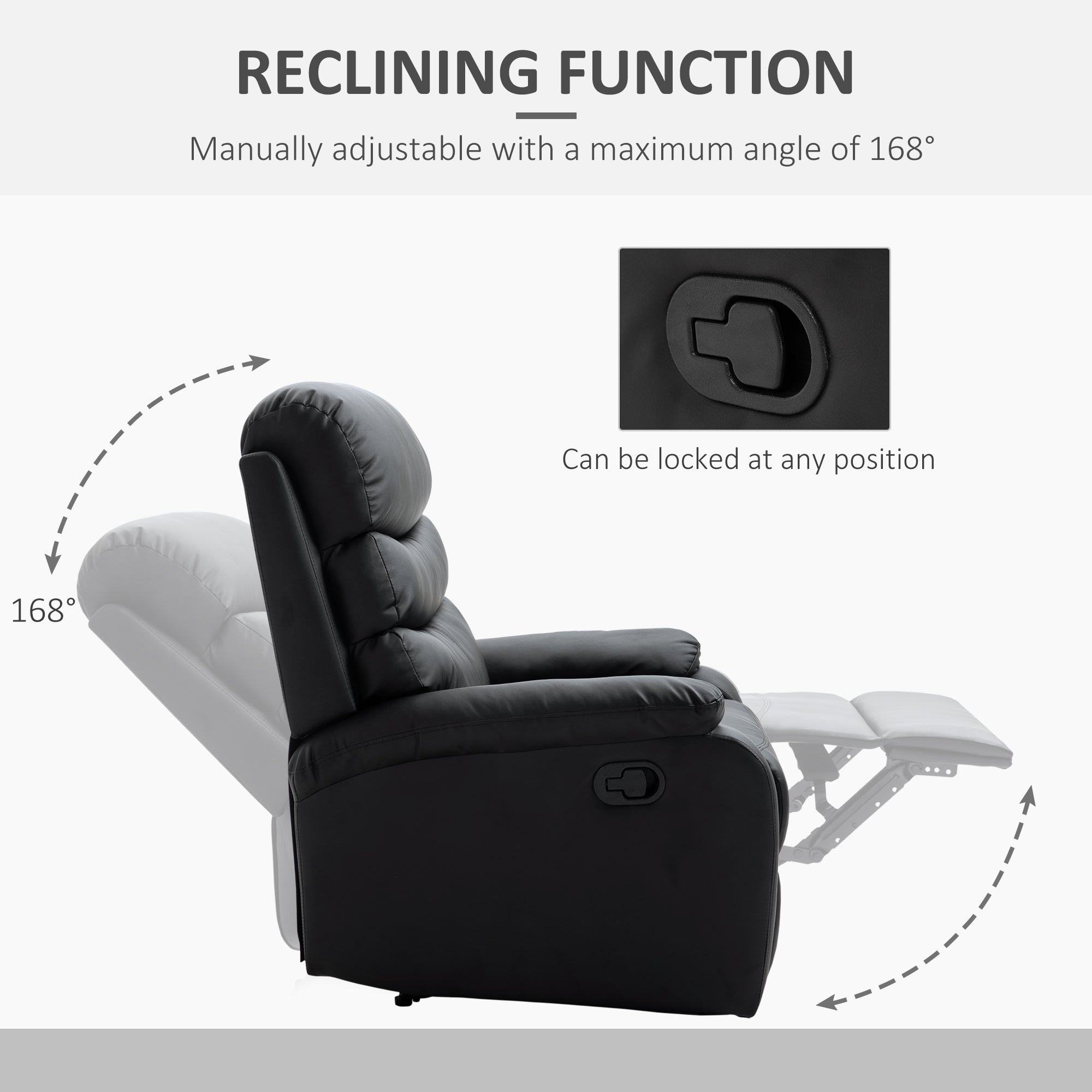 Reclining Chair Manual with Padded Armrests Retractable Footrest, Black PU Leather