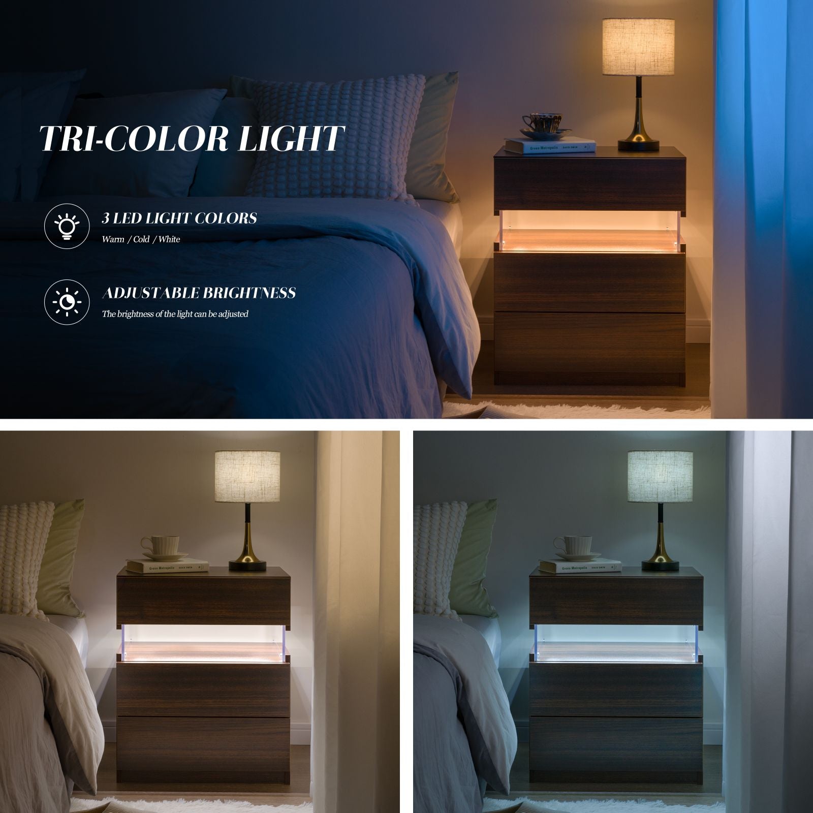 LED Nightstands: Acrylic Board LED Bedside Tables for Bedroom End Table with 3 Drawer Dresser, Walnut Material