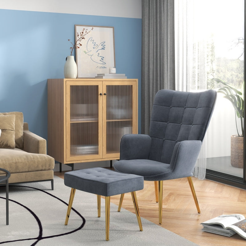 Modern Armchair with Footstool, Upholstered Accent Chair, Steel Legs, Dark Grey Velvet