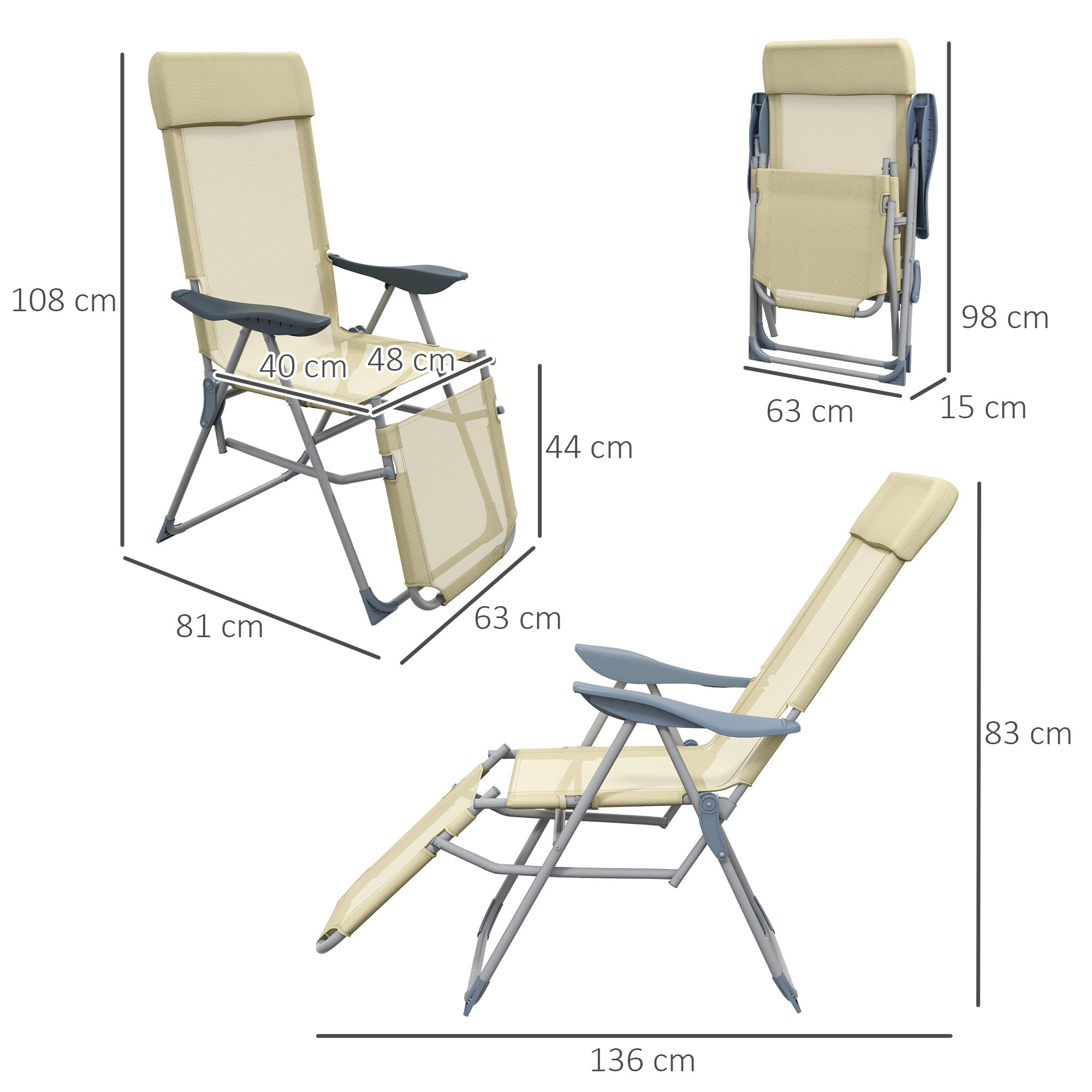 Sun Loungers, Set of Two, Five-Position Adjustable Backs - Beige