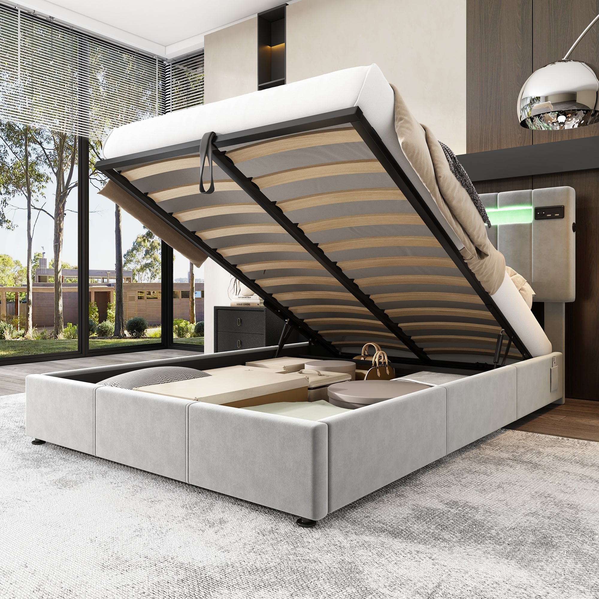 Upholstered Hydraulic Bed, 4ft6 Double 135x190cm, with Bluetooth Stereo, USB Port, LED Lights, Velvet+Iron, Grey