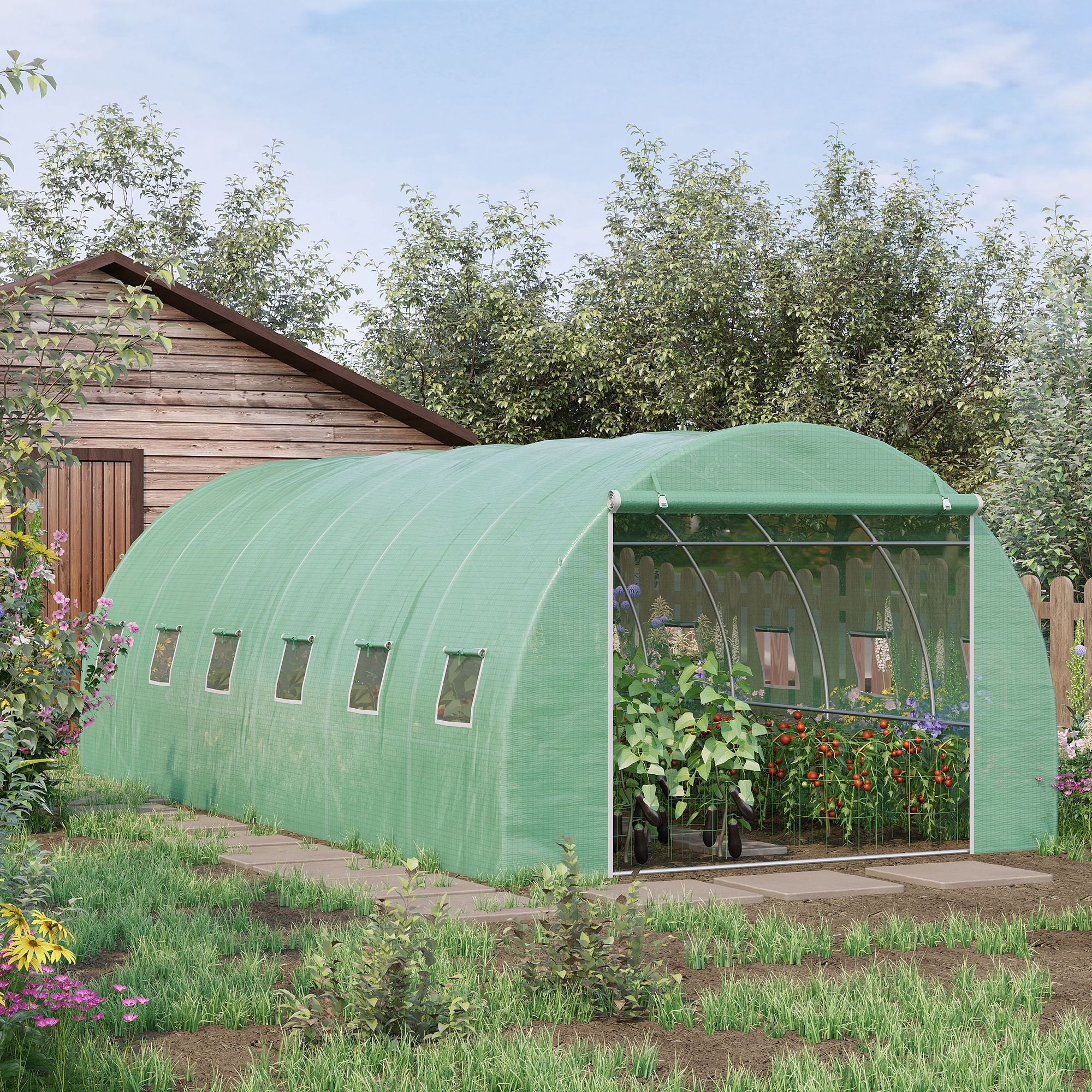 Polytunnel Greenhouse 6x3x2m Roll-up Door, 12 Mesh Windows, Green PE Cover