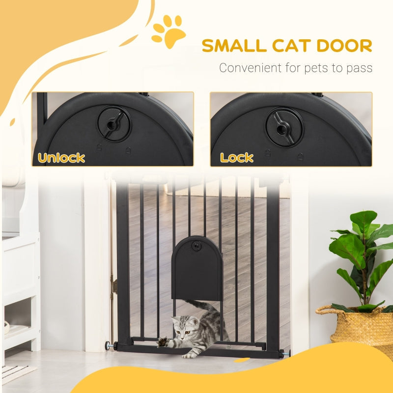 Dog Gate, Cat Flap Pet Safety Barrier, Stair Pressure Fit, Auto Close, Double Locking, Black