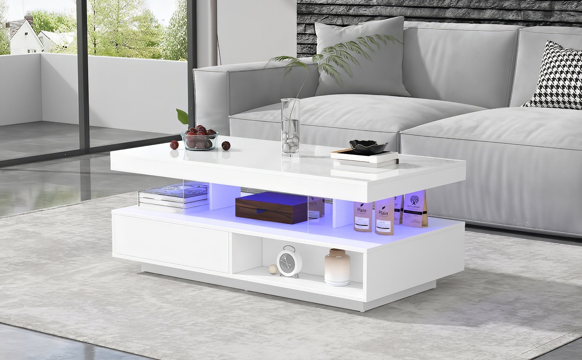 Led Coffee Table with 2 Drawer Storage, High Gloss with 16-Color Led Lights, White